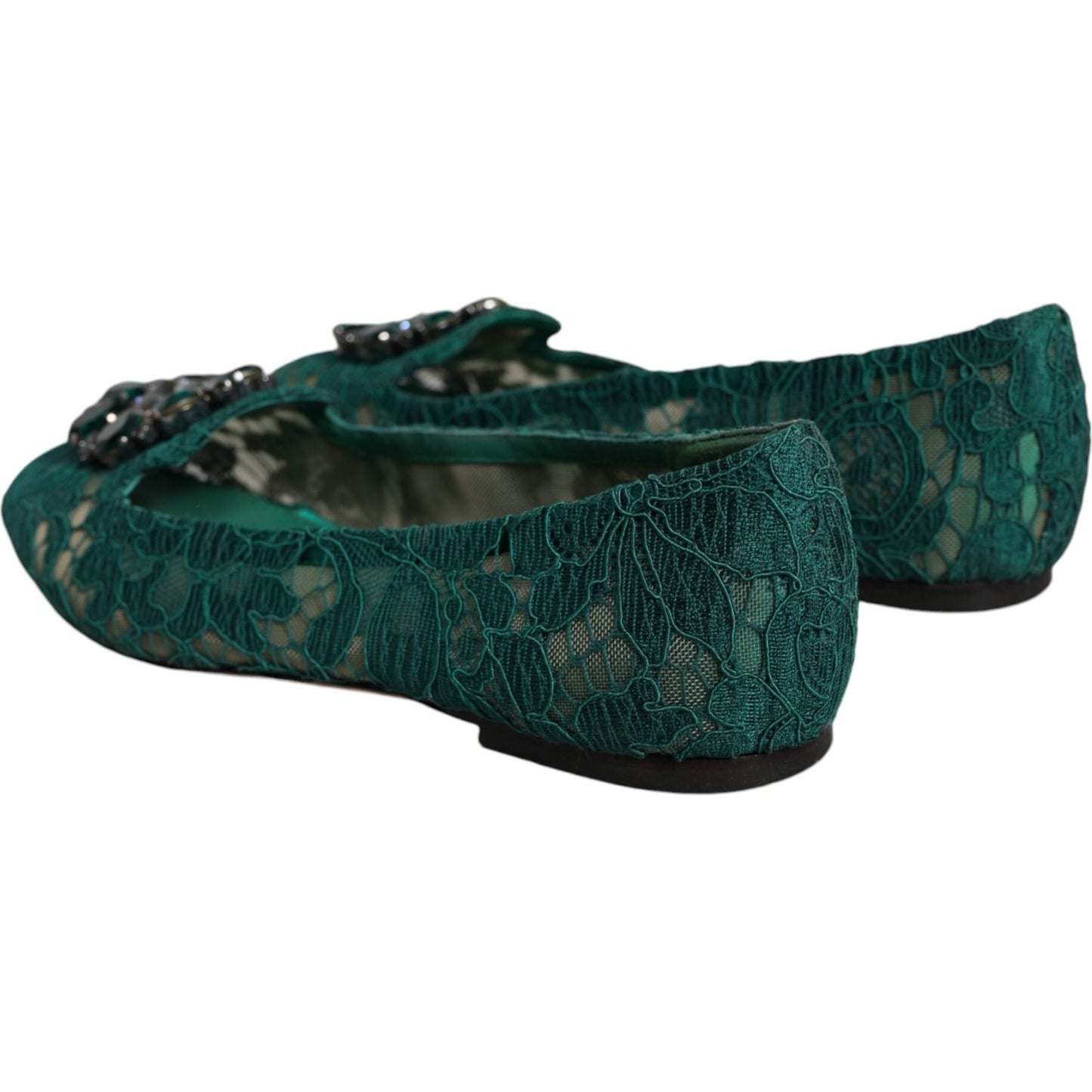 Dolce & Gabbana Green Lace Crystal Ballet Flats Loafers Shoes Dolce & Gabbana Dark Slate Gray