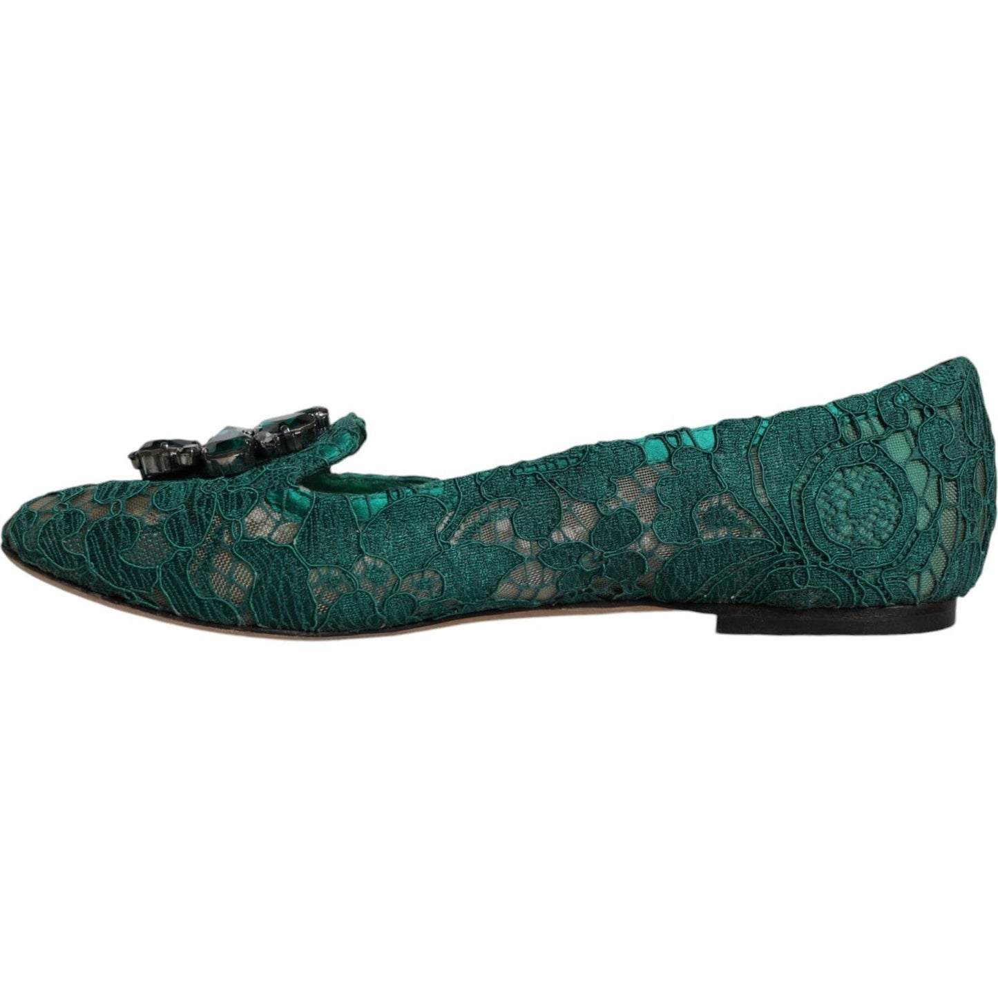 Dolce & Gabbana Green Lace Crystal Ballet Flats Loafers Shoes Dolce & Gabbana Dark Slate Gray