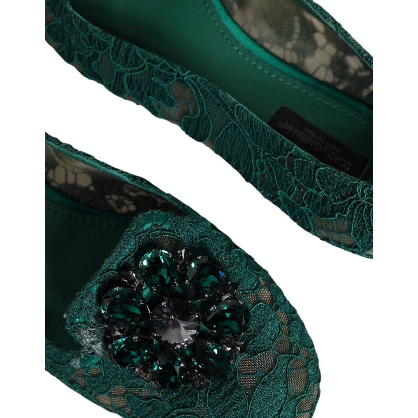 Dolce & Gabbana Green Lace Crystal Ballet Flats Loafers Shoes Dolce & Gabbana Dark Slate Gray