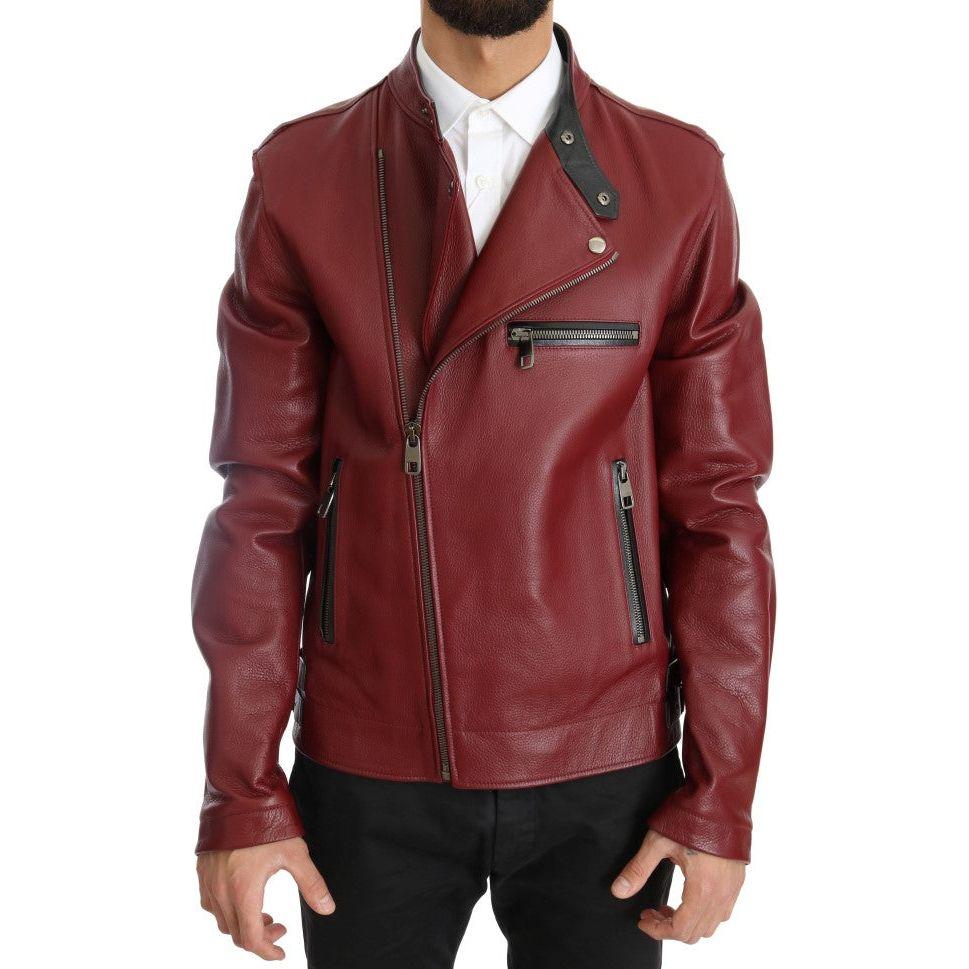 Dolce & Gabbana Radiant Red Leather Biker Motorcycle Jacket Coats & Jackets Dolce & Gabbana Saddle Brown