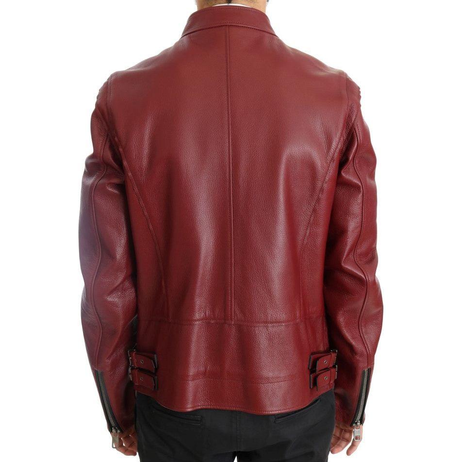 Dolce & Gabbana Radiant Red Leather Biker Motorcycle Jacket Coats & Jackets Dolce & Gabbana Saddle Brown