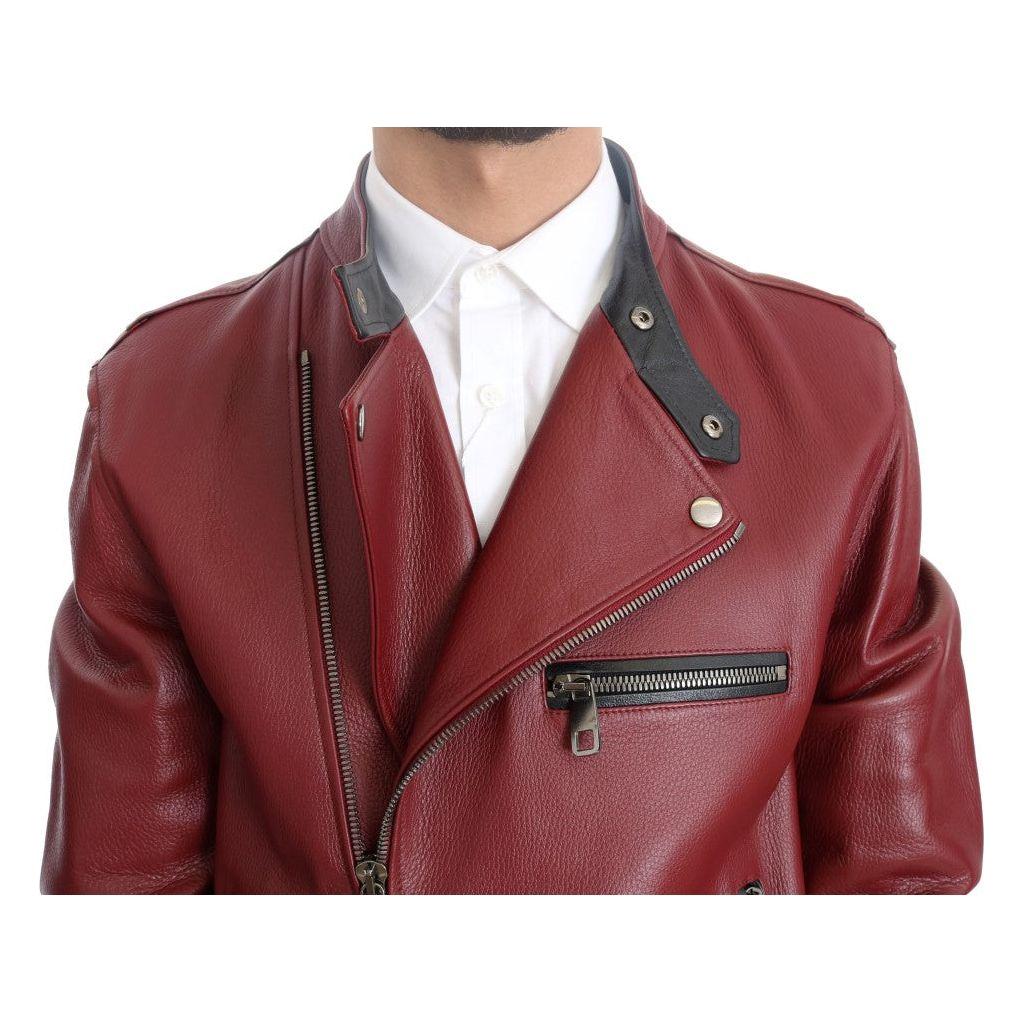 Dolce & Gabbana Radiant Red Leather Biker Motorcycle Jacket Coats & Jackets Dolce & Gabbana Saddle Brown