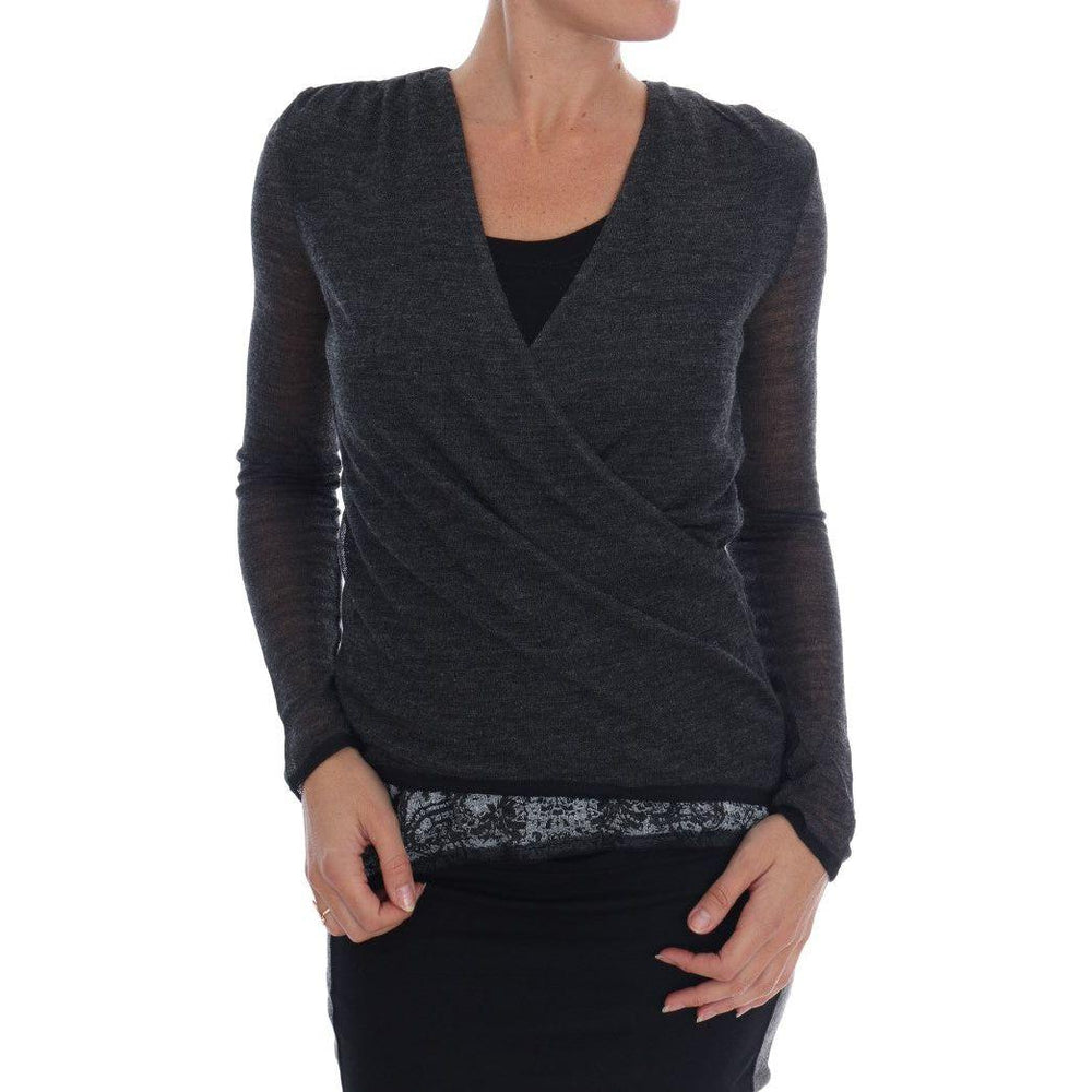 Ermanno Scervino Gray Wool Lace Top Long Sleeved T-shirt TSH1553-1