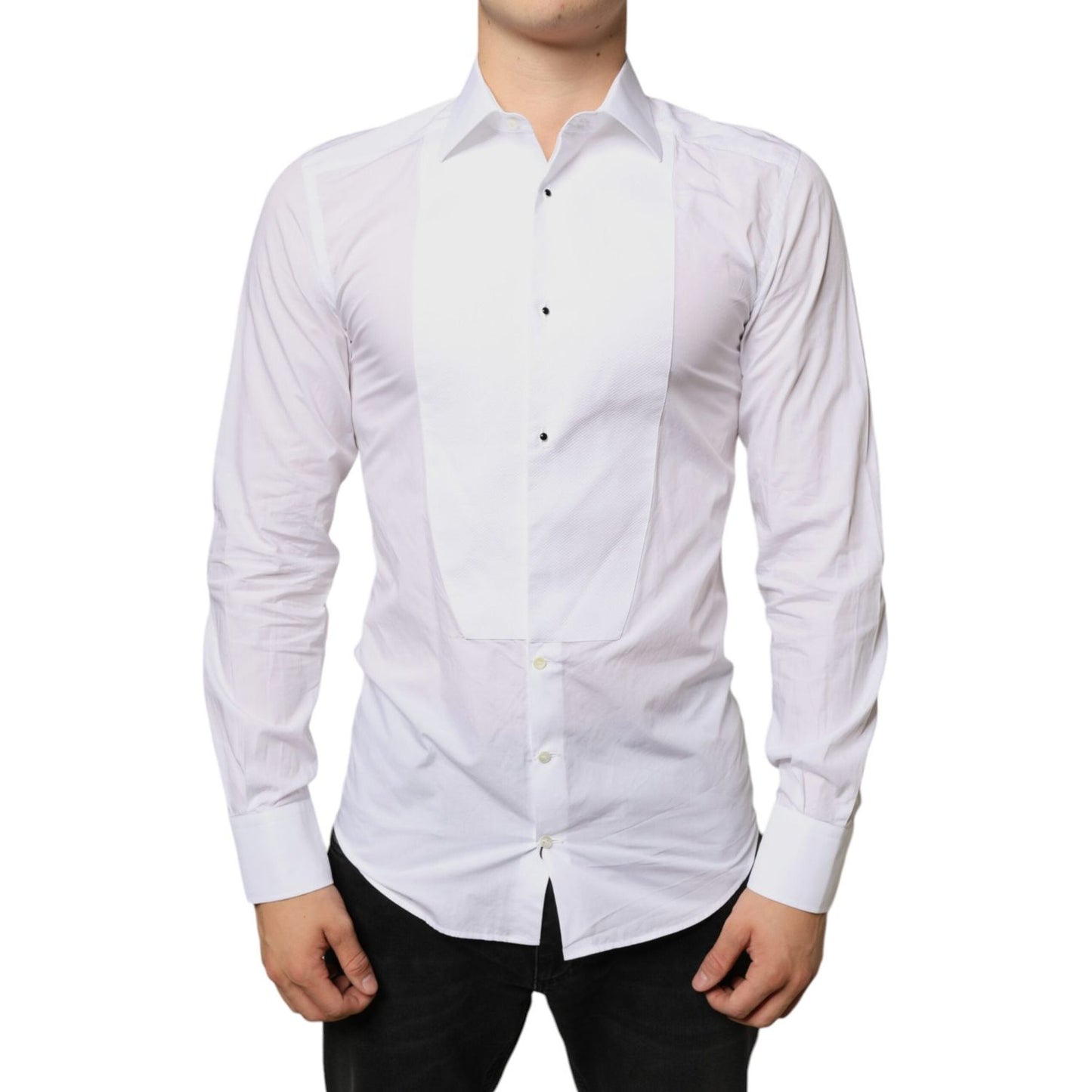 Dolce & Gabbana White Bib Cotton Poplin Formal Dress Shirt Dolce & Gabbana Light Gray