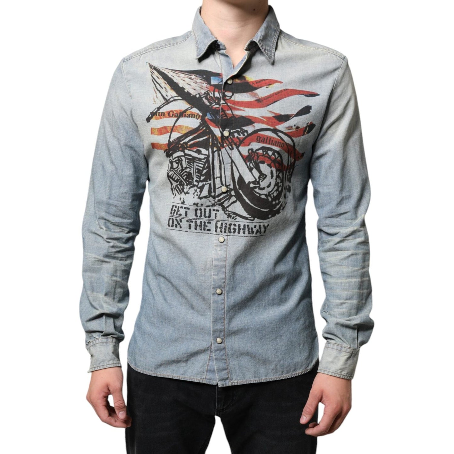 John Galliano Light Blue Printed Cotton Denim Long Sleeves Shirt John Galliano Dark Gray