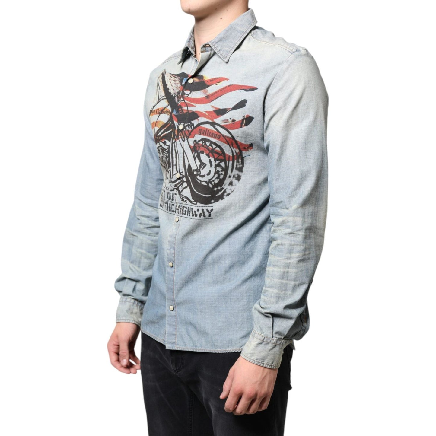 John Galliano Light Blue Printed Cotton Denim Long Sleeves Shirt John Galliano Gray
