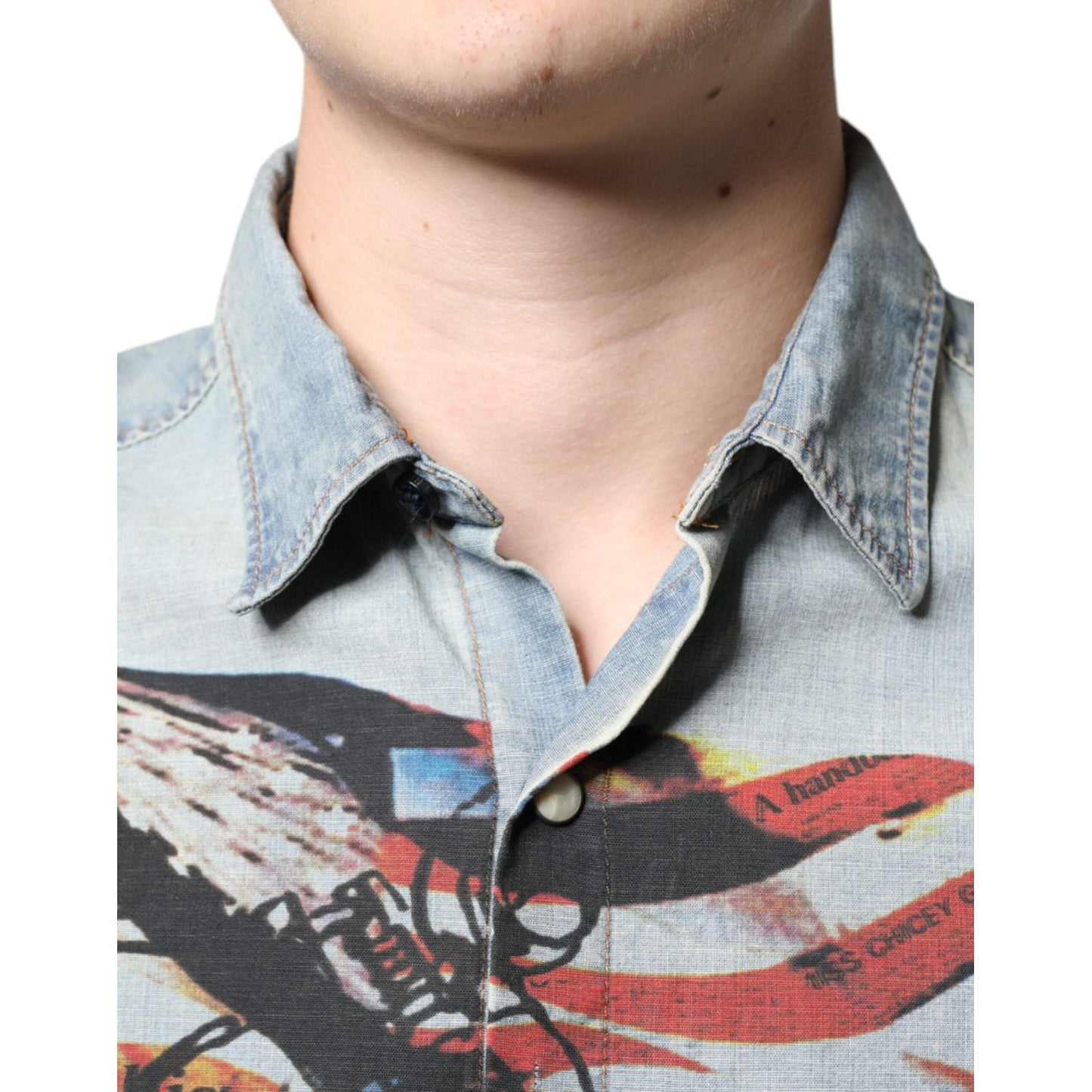 John Galliano Light Blue Printed Cotton Denim Long Sleeves Shirt John Galliano Gray