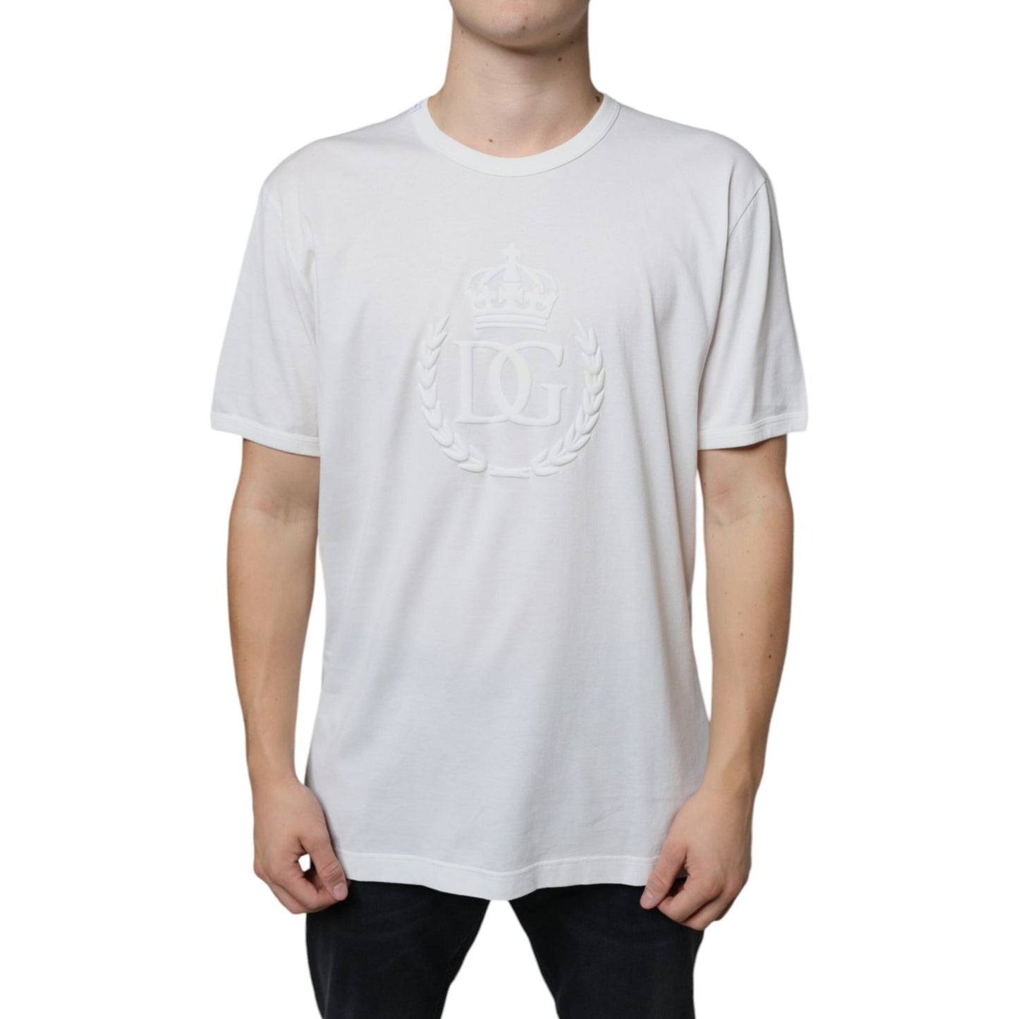 Dolce & Gabbana White Logo Embossed Cotton Crewneck T-shirt Dolce & Gabbana Light Gray