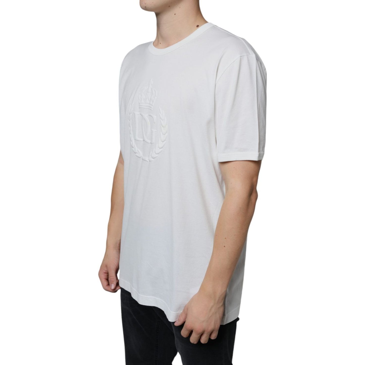 Dolce & Gabbana White Logo Embossed Cotton Crewneck T-shirt Dolce & Gabbana Gray