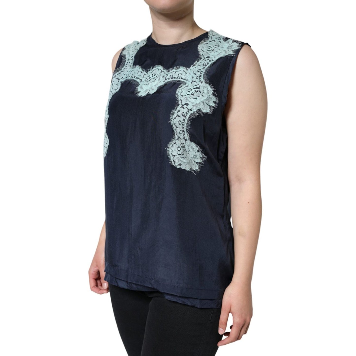 Dolce & Gabbana Blue Floral Lace Silk Sleeveless Tank Top Dolce & Gabbana Tan
