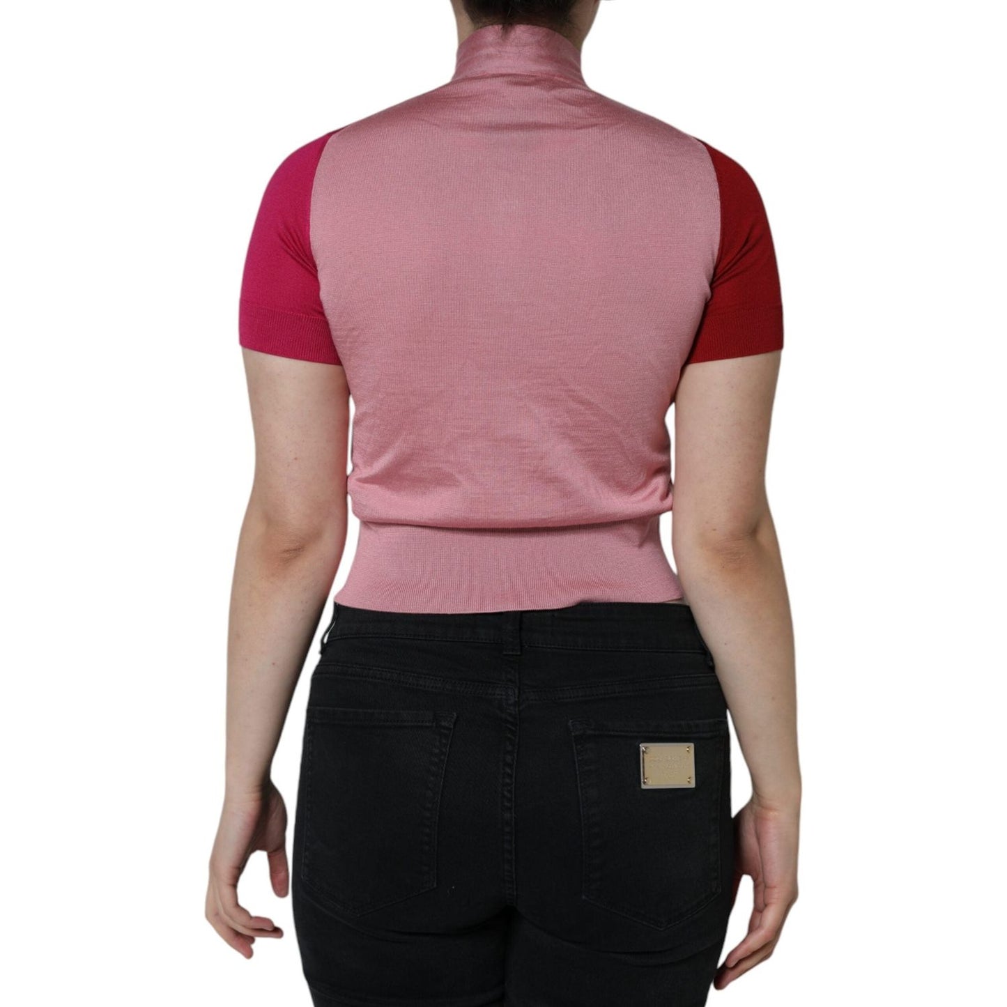 Dolce & Gabbana Pink Short Sleeves Pullover Ascot Collar Top Dolce & Gabbana Rosy Brown