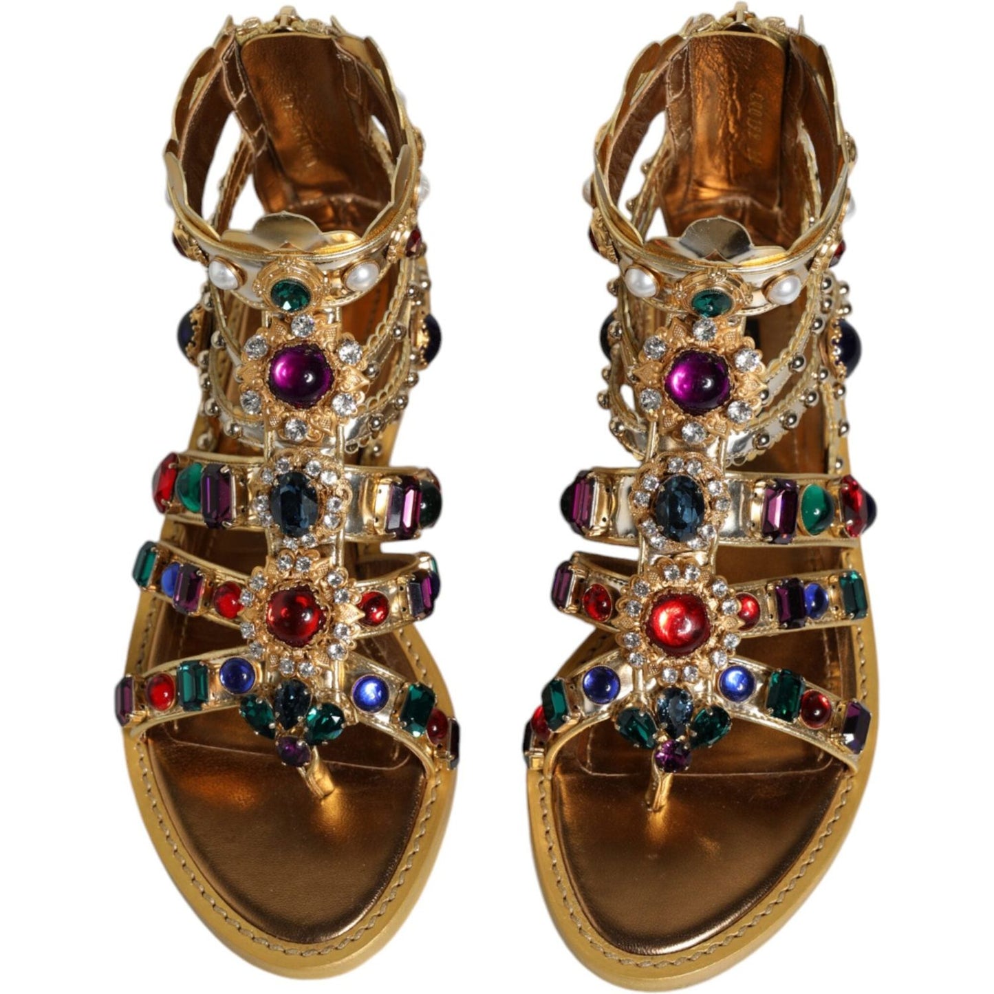 Dolce & Gabbana Gold Leather Crystal Gladiator Sandals Flats Shoes Dolce & Gabbana Saddle Brown