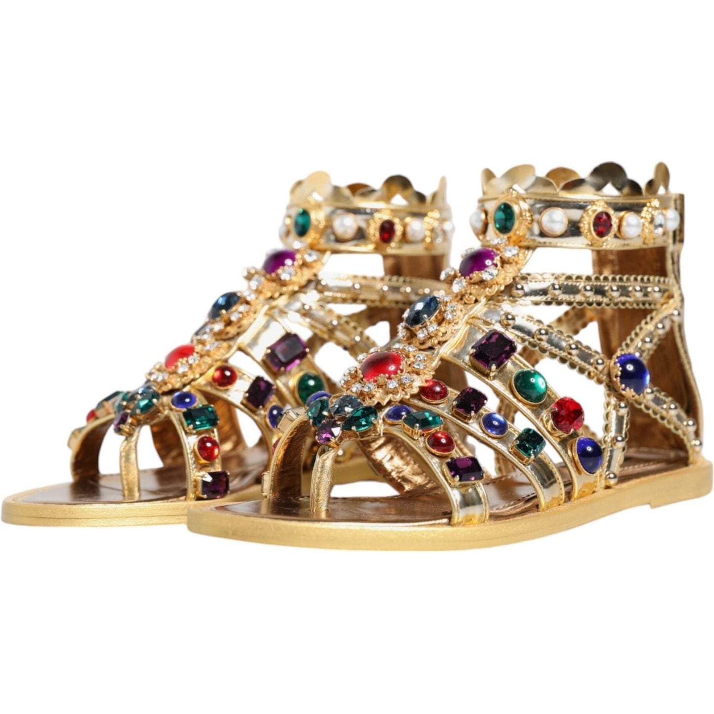Dolce & Gabbana Gold Leather Crystal Gladiator Sandals Flats Shoes Dolce & Gabbana Dark Khaki