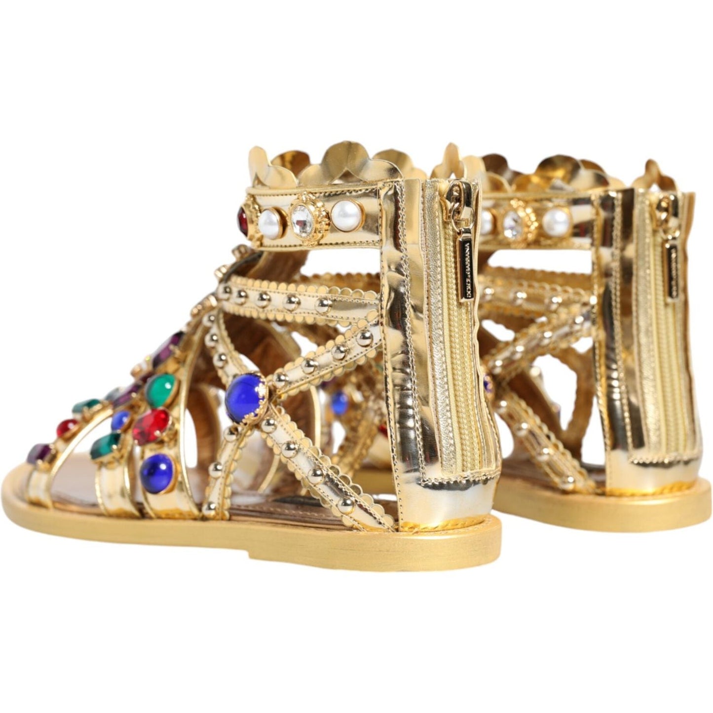 Dolce & Gabbana Gold Leather Crystal Gladiator Sandals Flats Shoes Dolce & Gabbana Tan