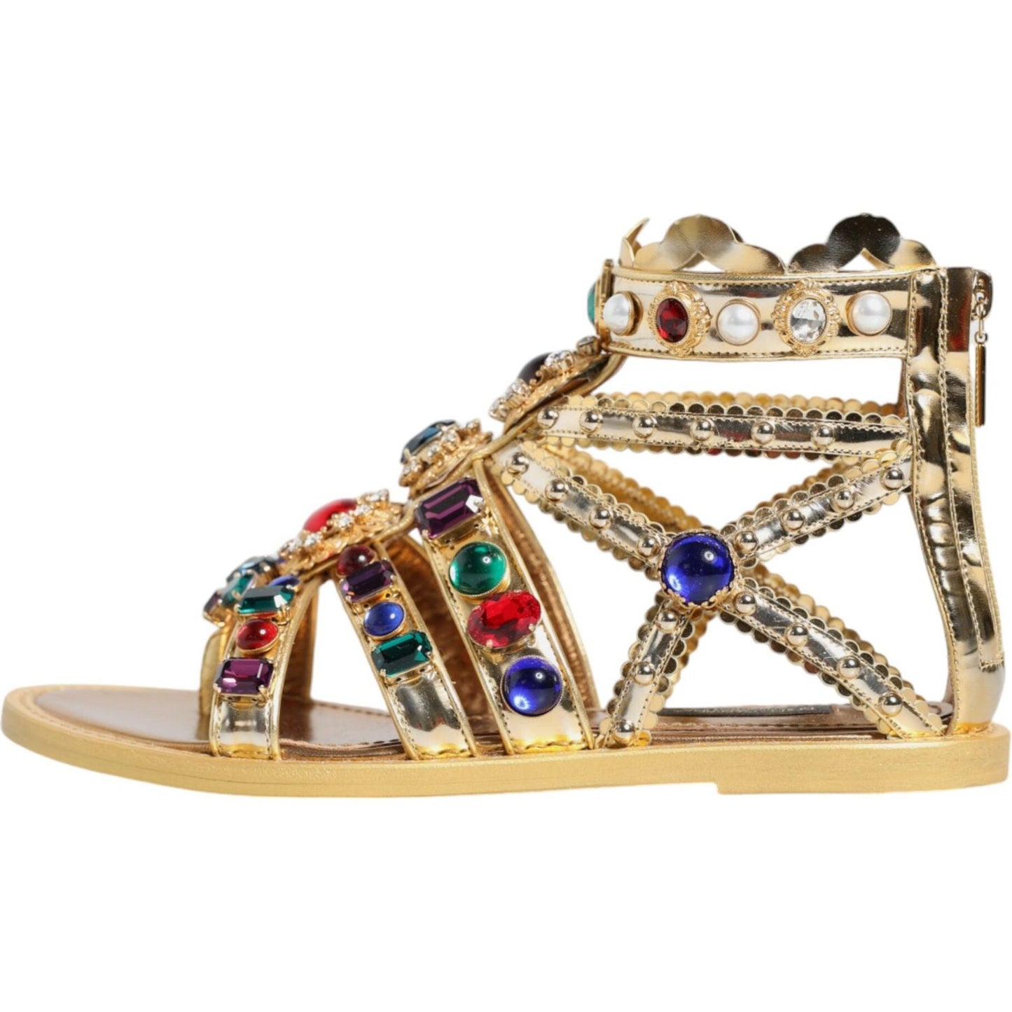 Dolce & Gabbana Gold Leather Crystal Gladiator Sandals Flats Shoes Dolce & Gabbana Tan