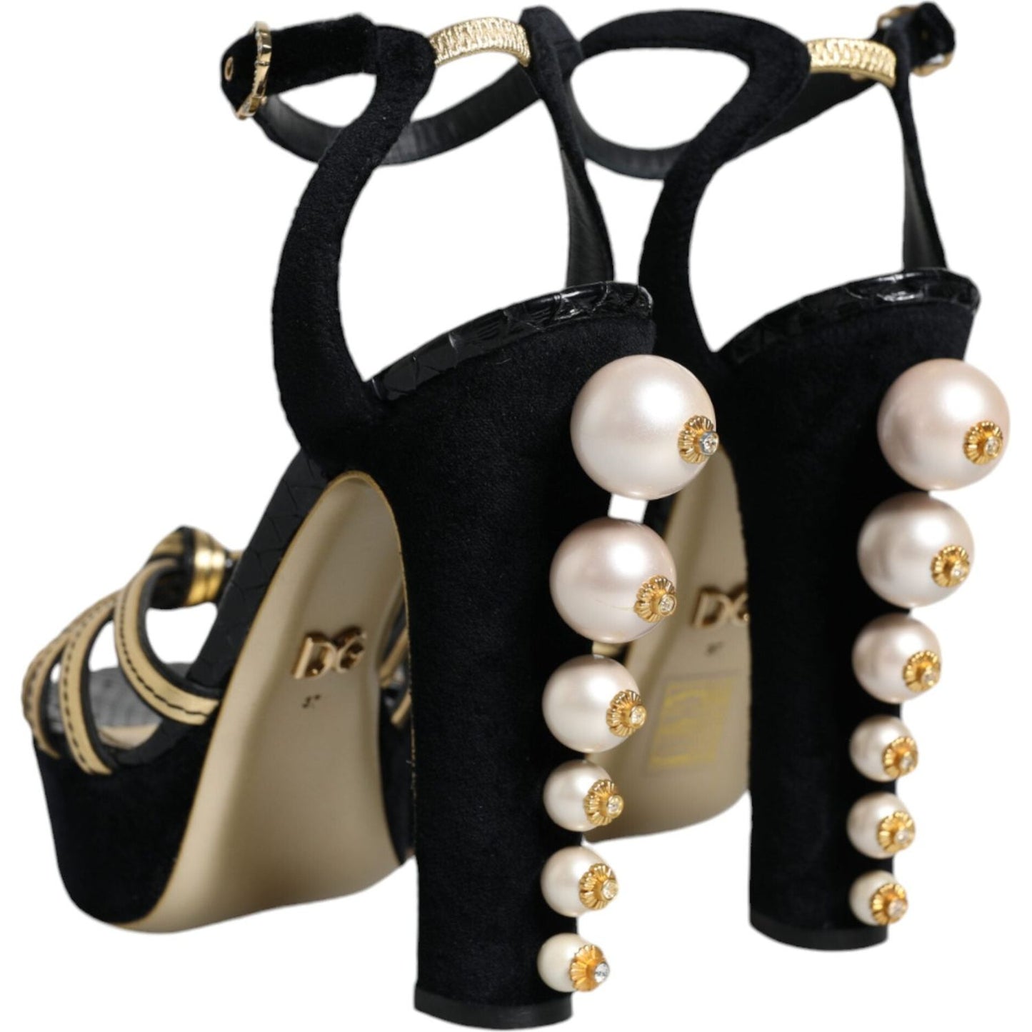 Dolce & Gabbana Black Leather Faux Pearl Heel Sandals Shoes Dolce & Gabbana Tan