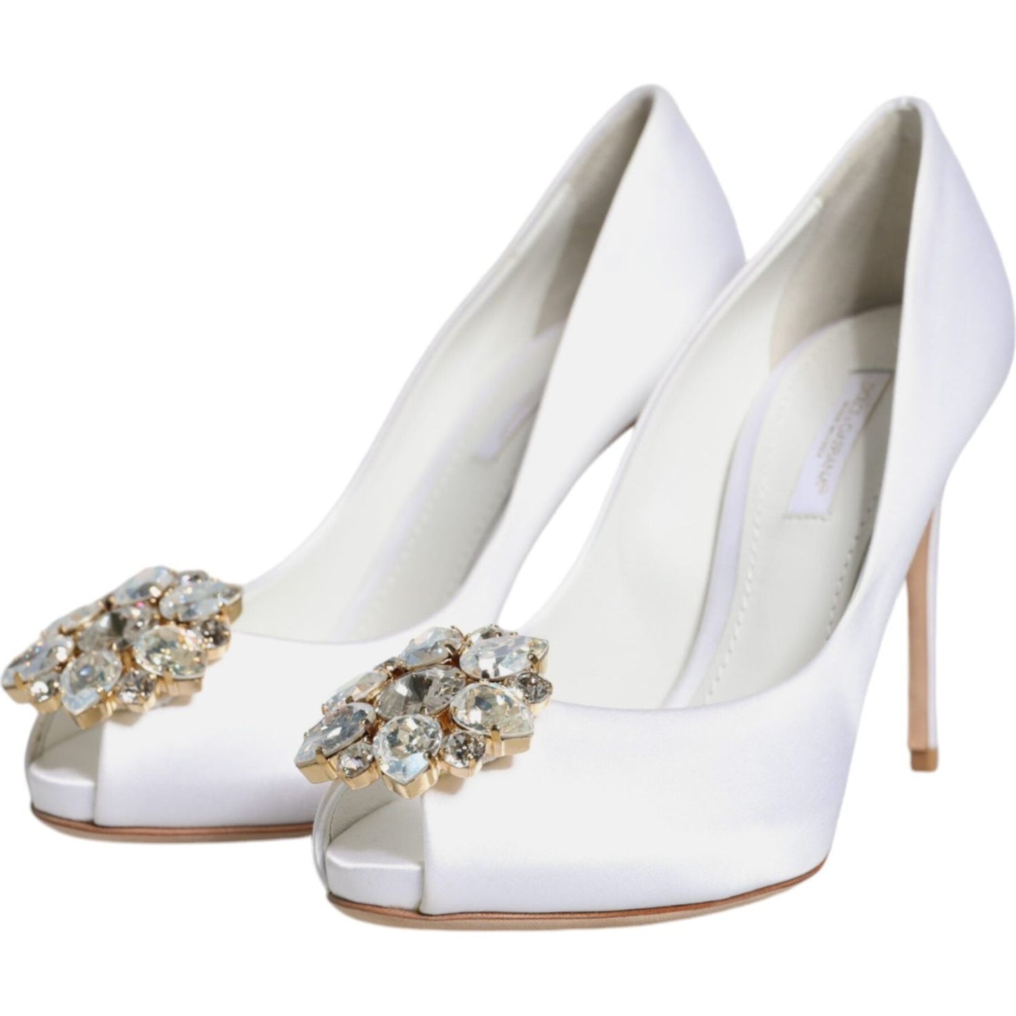 Dolce & Gabbana White Crystals Peep Toe Satin Pumps Shoes Dolce & Gabbana Light Gray