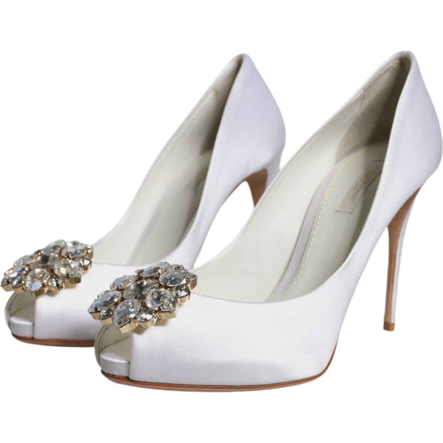 Dolce & Gabbana White Crystals Peep Toe Satin Pumps Shoes Dolce & Gabbana Light Gray