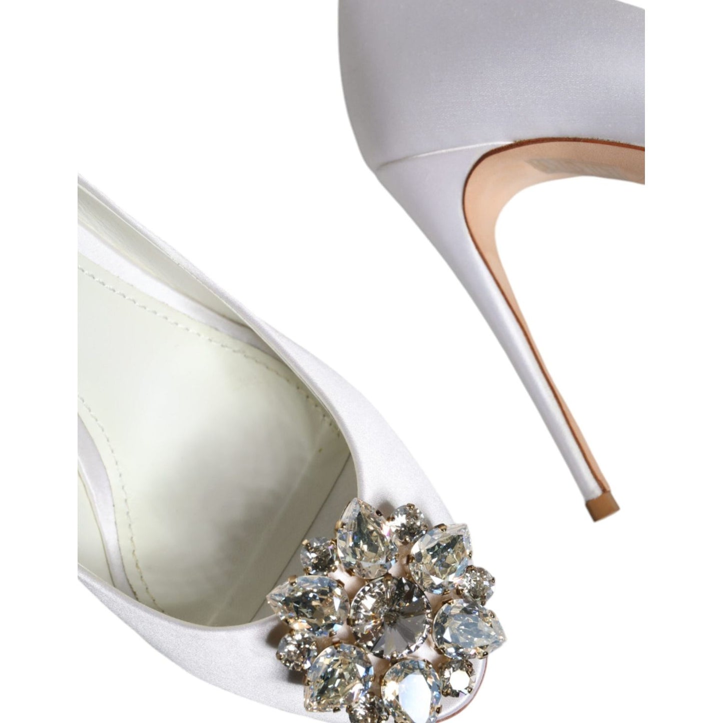 Dolce & Gabbana White Crystals Peep Toe Satin Pumps Shoes Dolce & Gabbana Light Gray