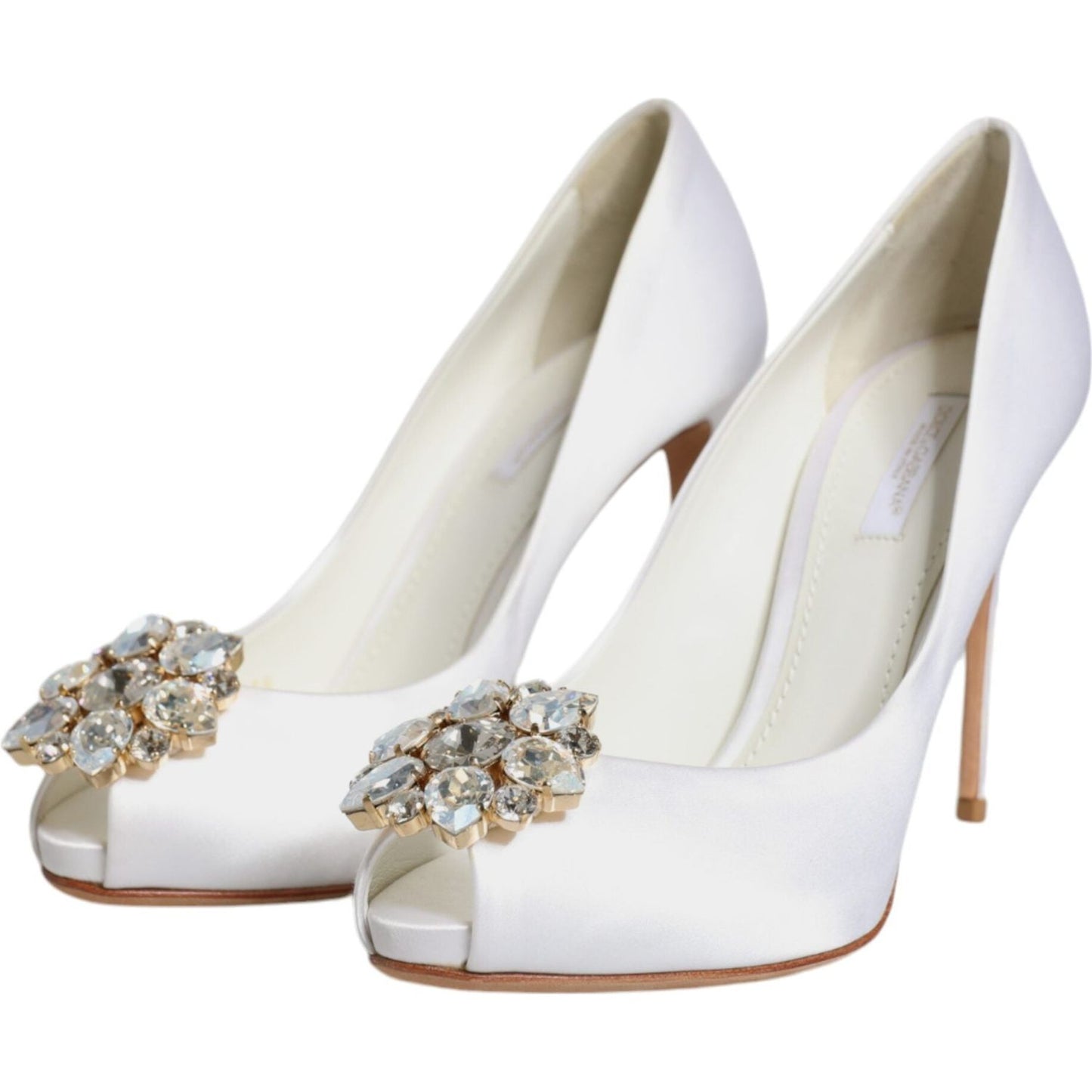 Dolce & Gabbana White Crystals Peep Toe Satin Pumps Shoes Dolce & Gabbana Light Gray