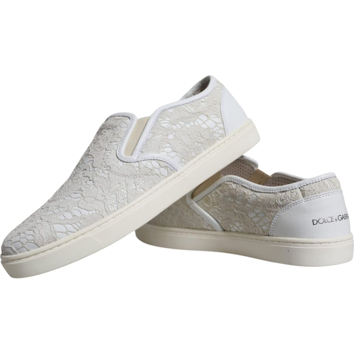 Dolce & Gabbana White Leather Lace Slip On Loafers Shoes Dolce & Gabbana Light Gray