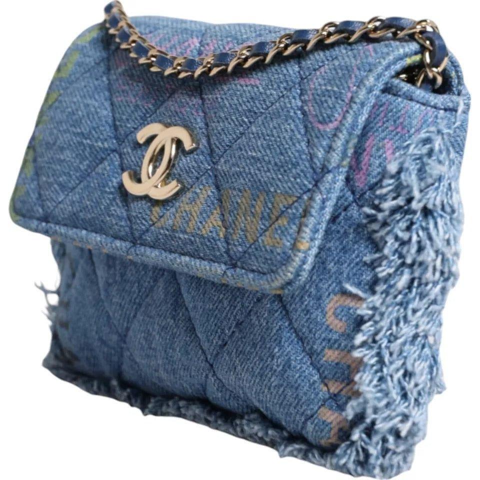 Chanel Denim Mood Flap Micro Logo Printed Fringed Shoulder Bag Chanel Dim Gray