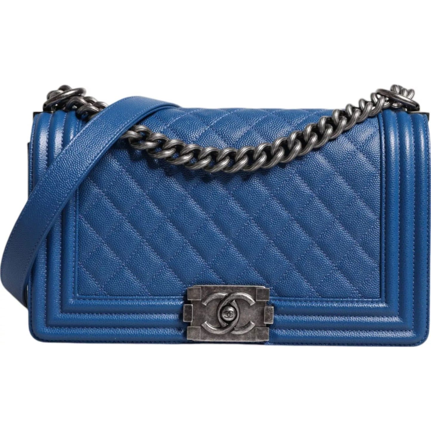 Chanel Blue Lambskin Double Chain Leather Medium Shoulder Bag Chanel Dark Slate Blue