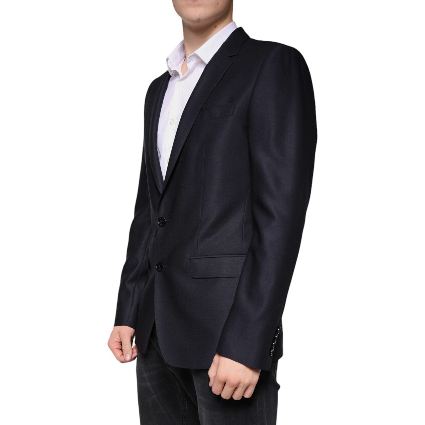Dolce & Gabbana Dark Blue Wool Single Breasted Dress Coat Blazer Dolce & Gabbana Black