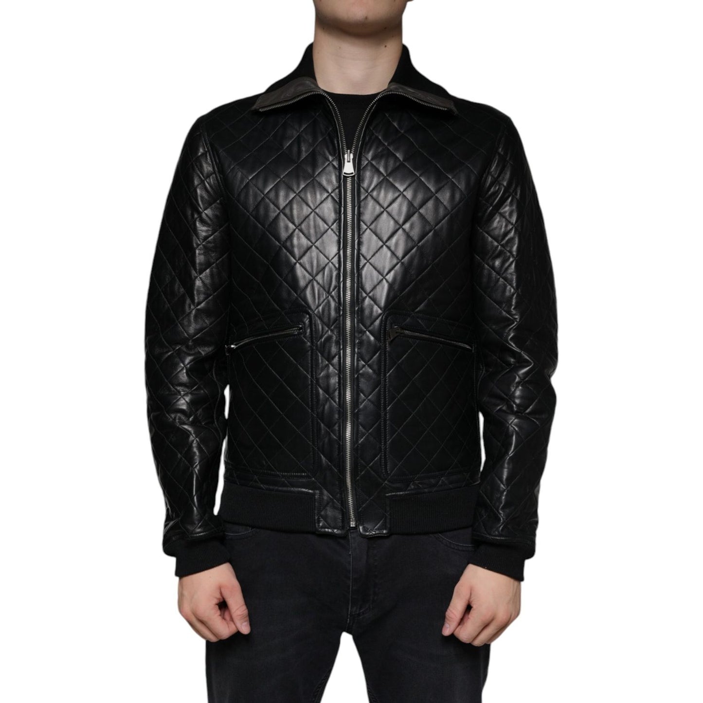 Dolce & Gabbana Black Calf Leather Quilted Full Zip Jacket Dolce & Gabbana Black