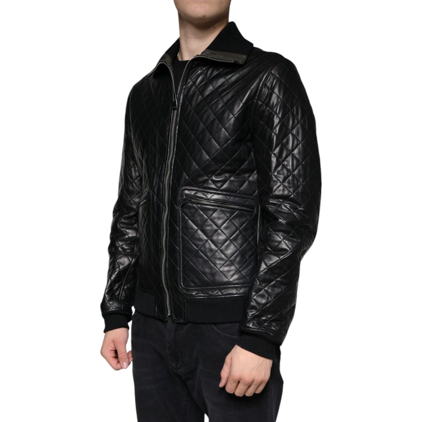 Dolce & Gabbana Black Calf Leather Quilted Full Zip Jacket Dolce & Gabbana Black