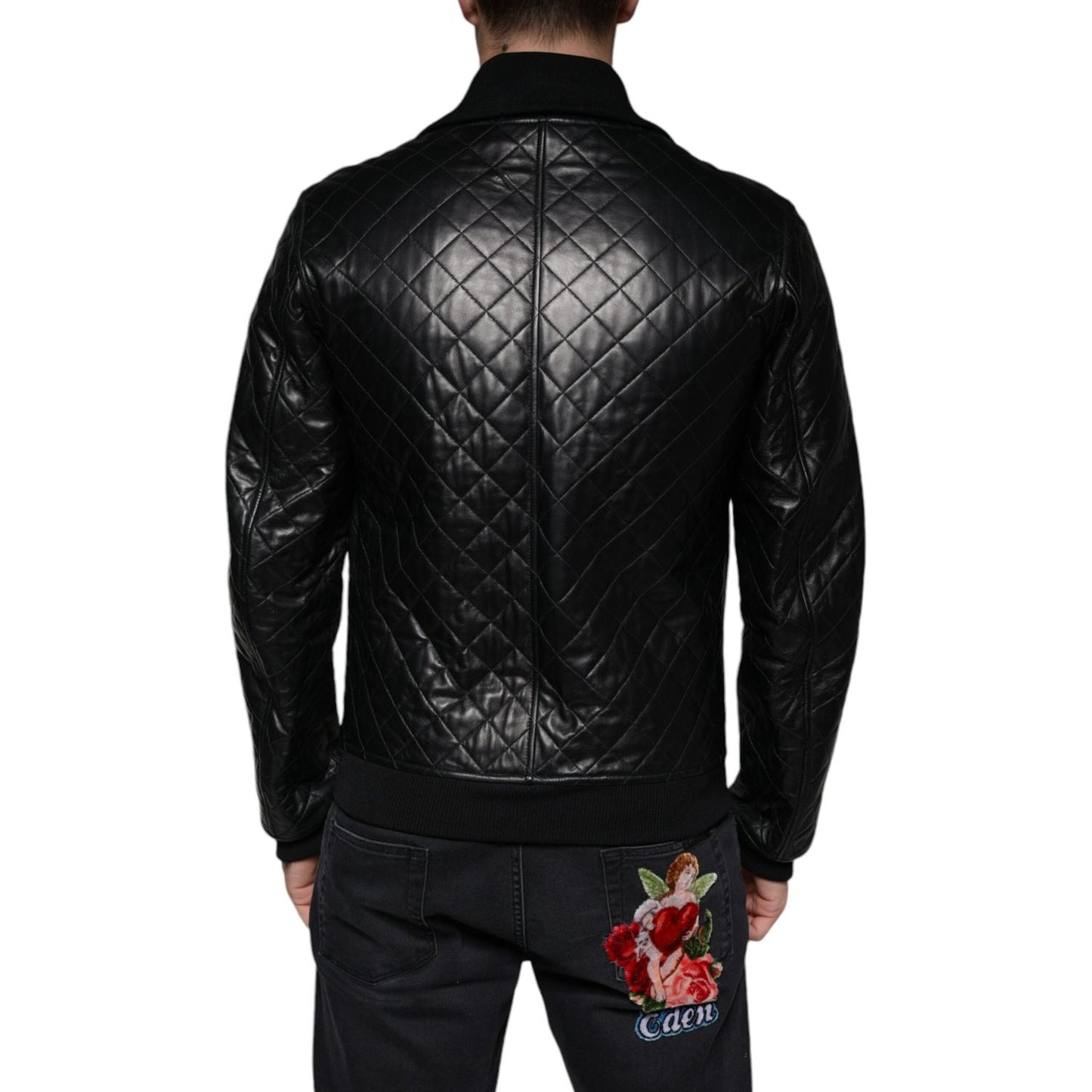 Dolce & Gabbana Black Calf Leather Quilted Full Zip Jacket Dolce & Gabbana Black
