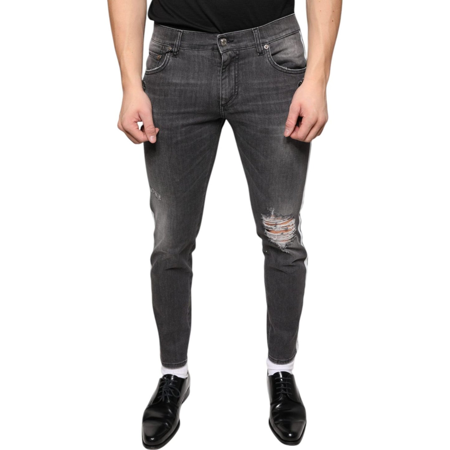 Dolce & Gabbana Black Tattered Cotton Skinny Men Denim Jeans Dolce & Gabbana Dark Slate Gray