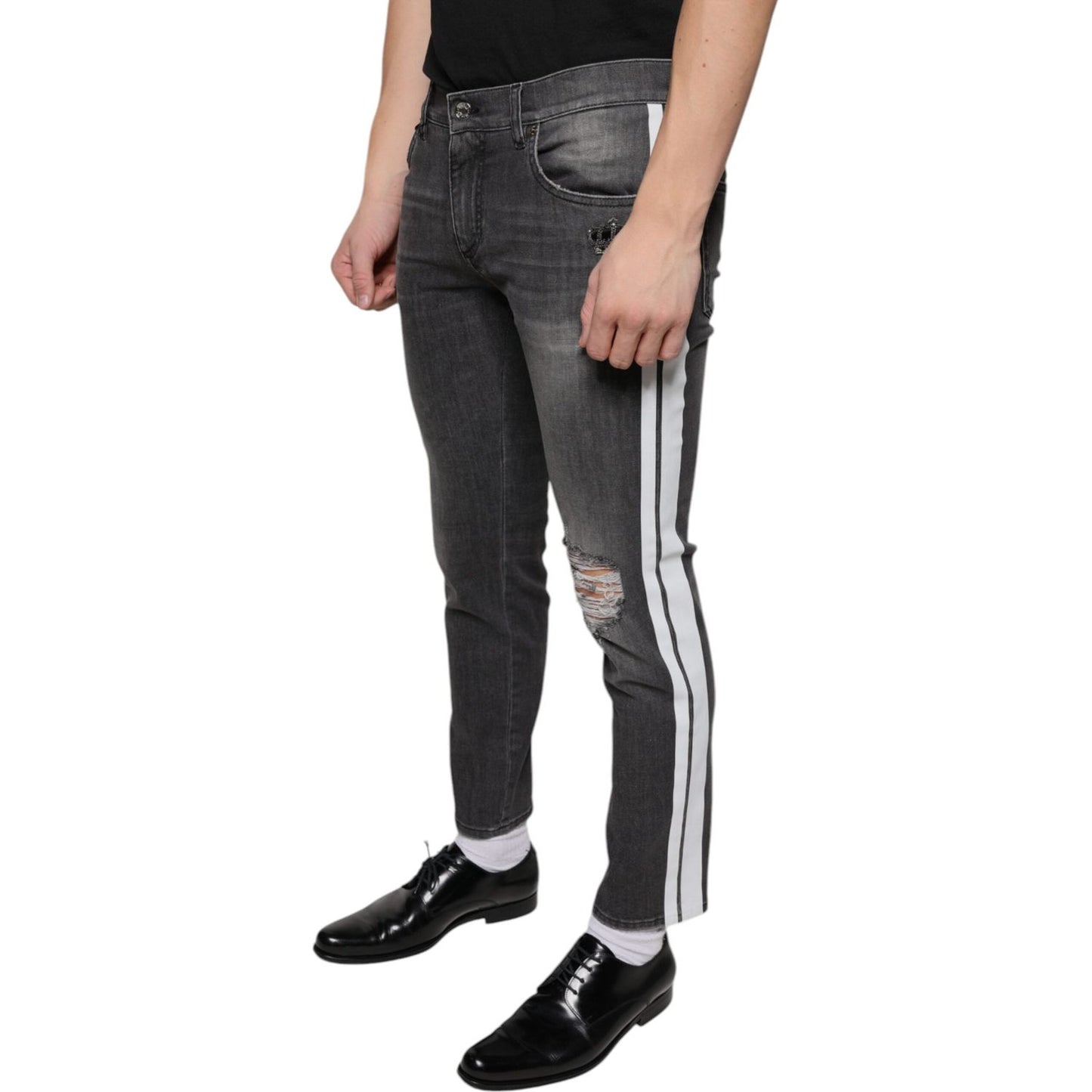 Dolce & Gabbana Black Tattered Cotton Skinny Men Denim Jeans Dolce & Gabbana Dark Slate Gray