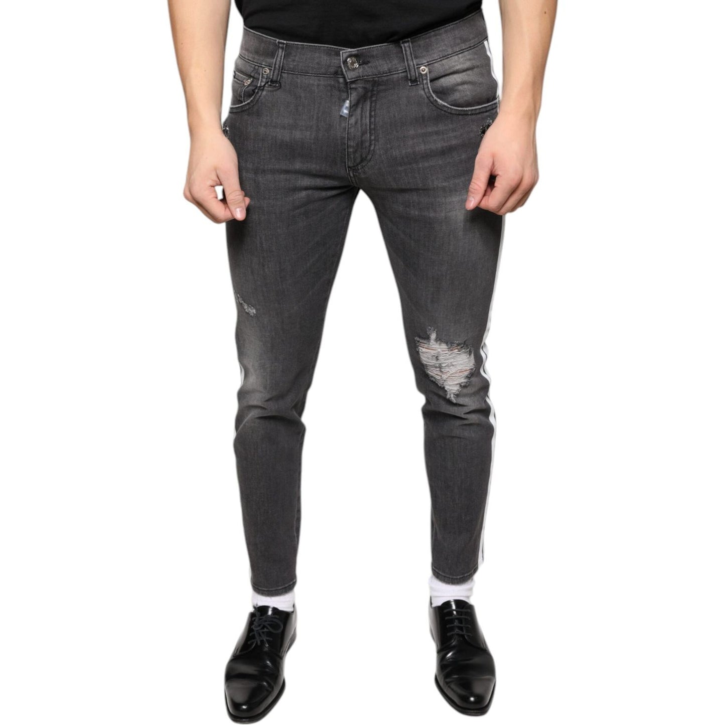 Dolce & Gabbana Black Tattered Cotton Skinny Men Denim Jeans Dolce & Gabbana Dark Slate Gray