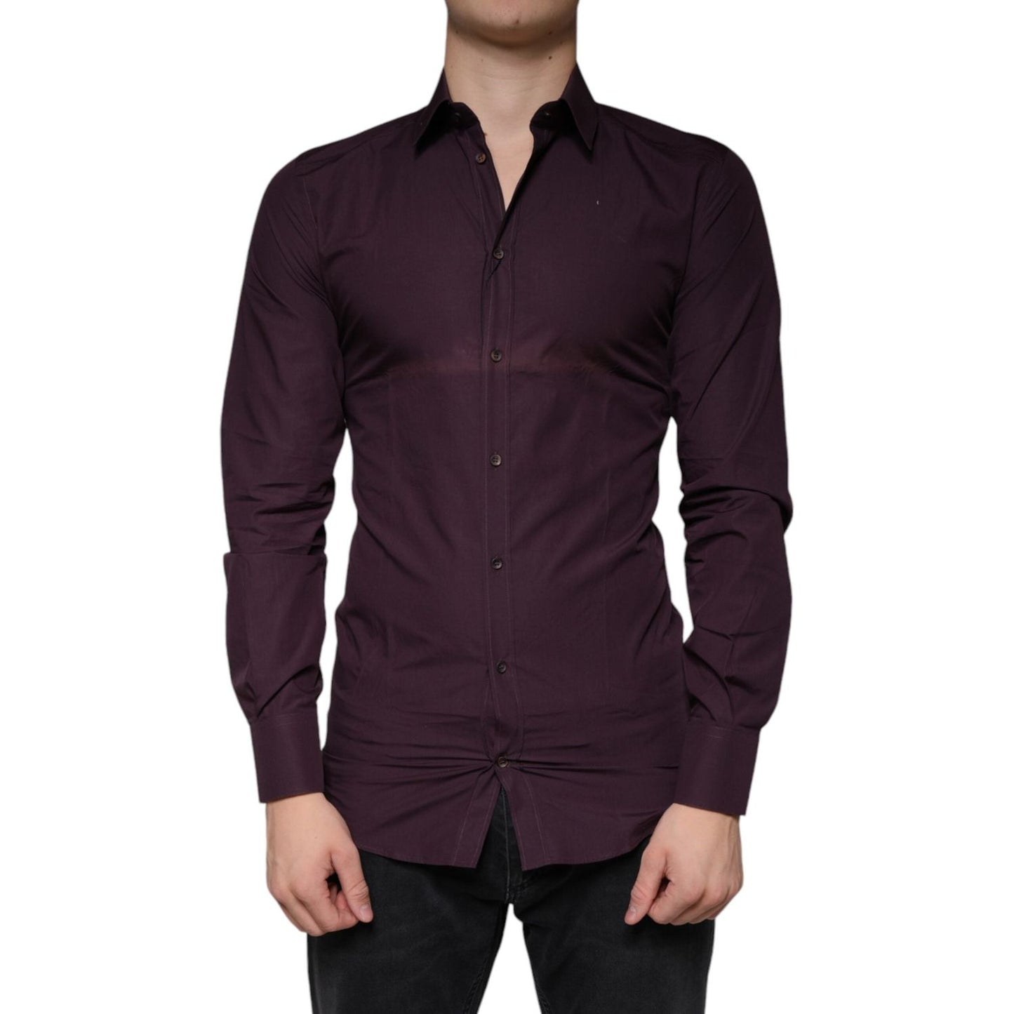 Dolce & Gabbana Dark Violet Cotton Dress GOLD Men Formal Shirt Dolce & Gabbana Black