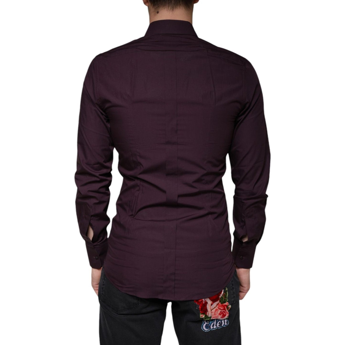 Dolce & Gabbana Dark Violet Cotton Dress GOLD Men Formal Shirt Dolce & Gabbana Black