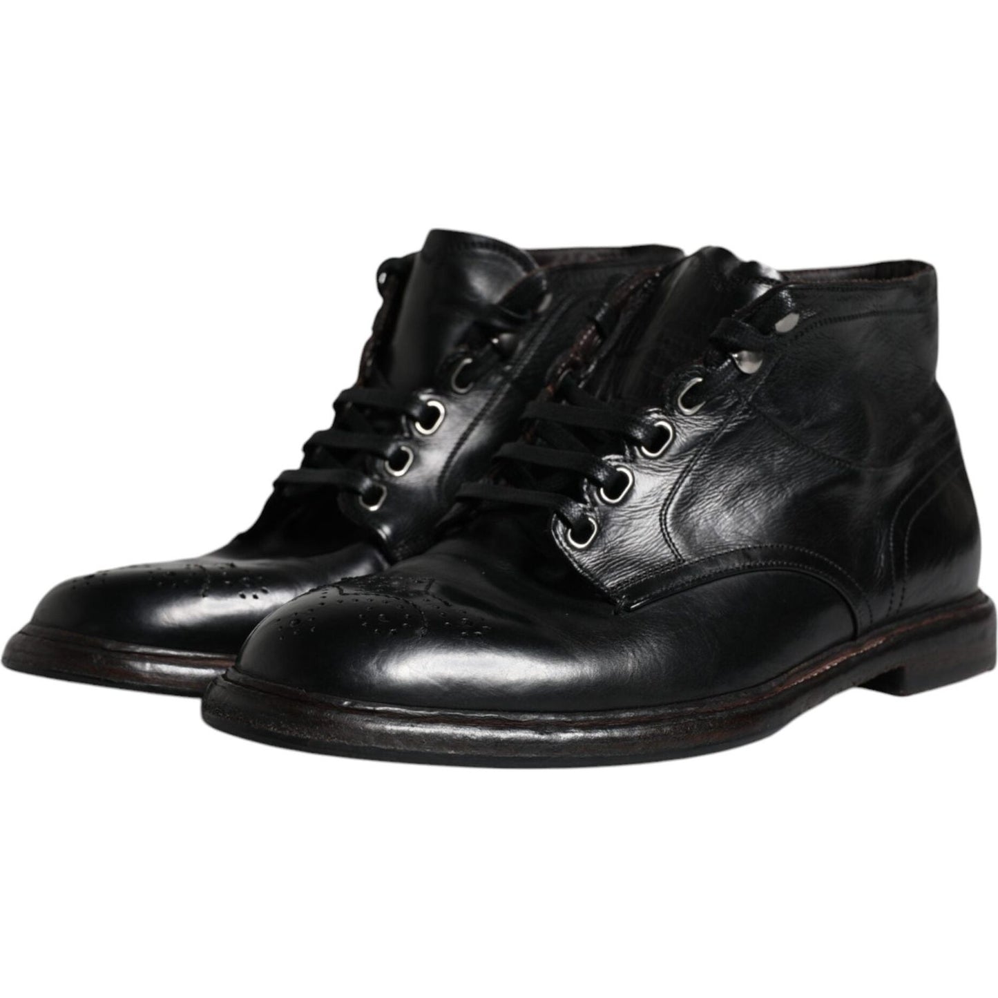 Dolce & Gabbana Black Leather Men Short Boots Lace Up Shoes Dolce & Gabbana Black