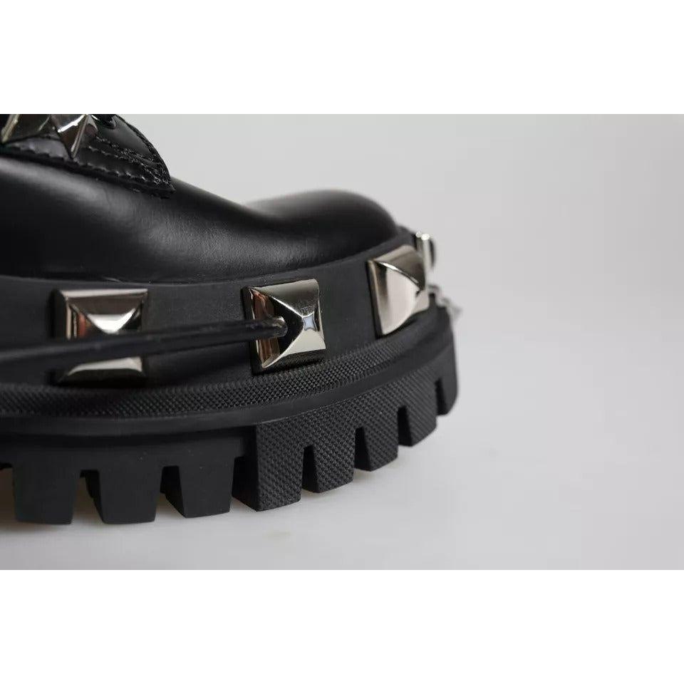 Dolce & Gabbana Black Leather Studded Trekking Boots Shoes Dolce & Gabbana Light Gray