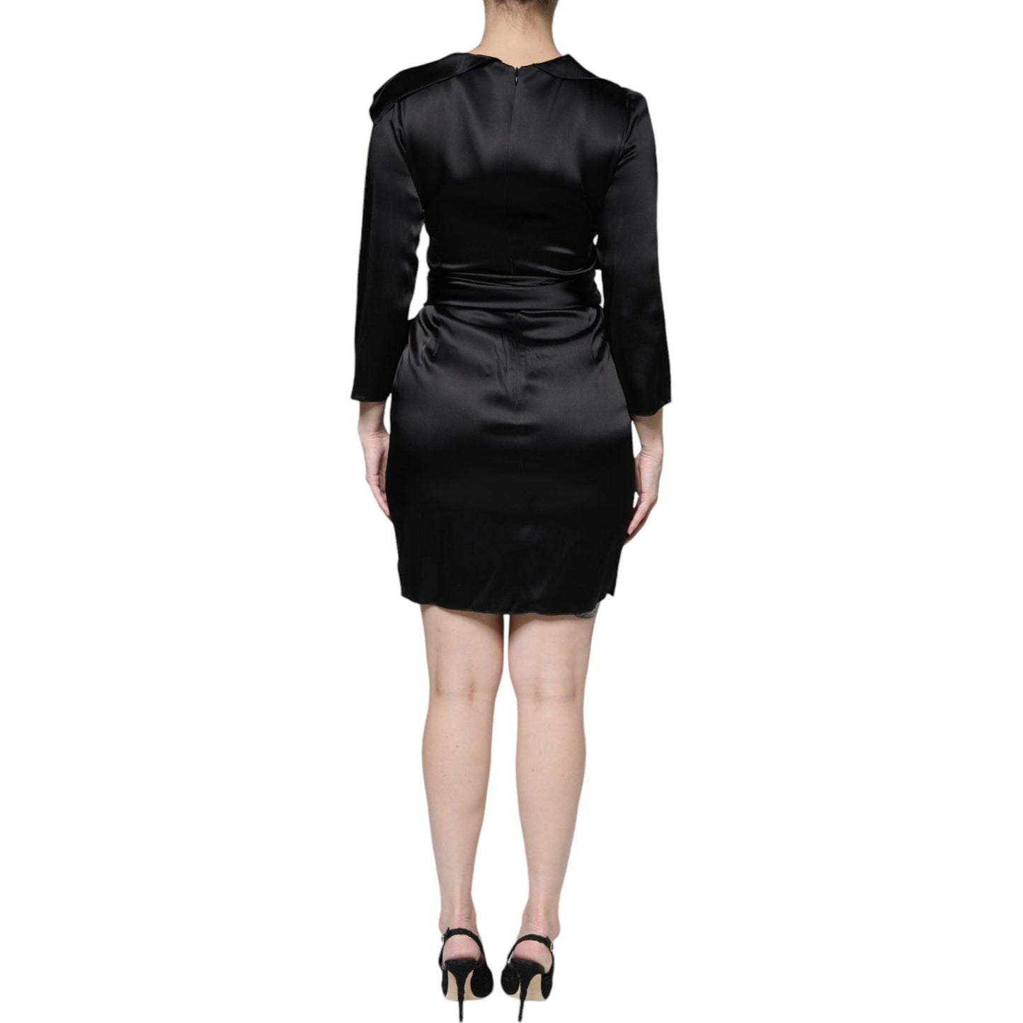 Emporio Armani Black Satin Long Sleeves Wrap Sheath Mini Dress Emporio Armani Black