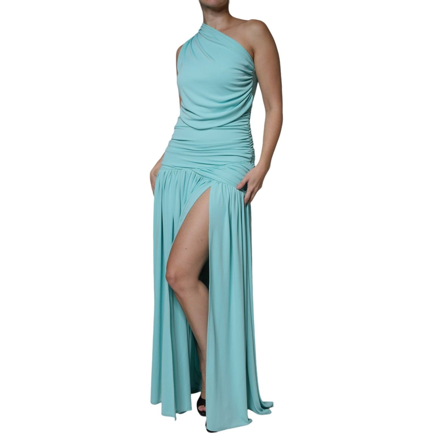Christian Pellizzari Light Blue Jersey Long Drape One Shoulder Dress Christian Pellizzari Dark Sea Green