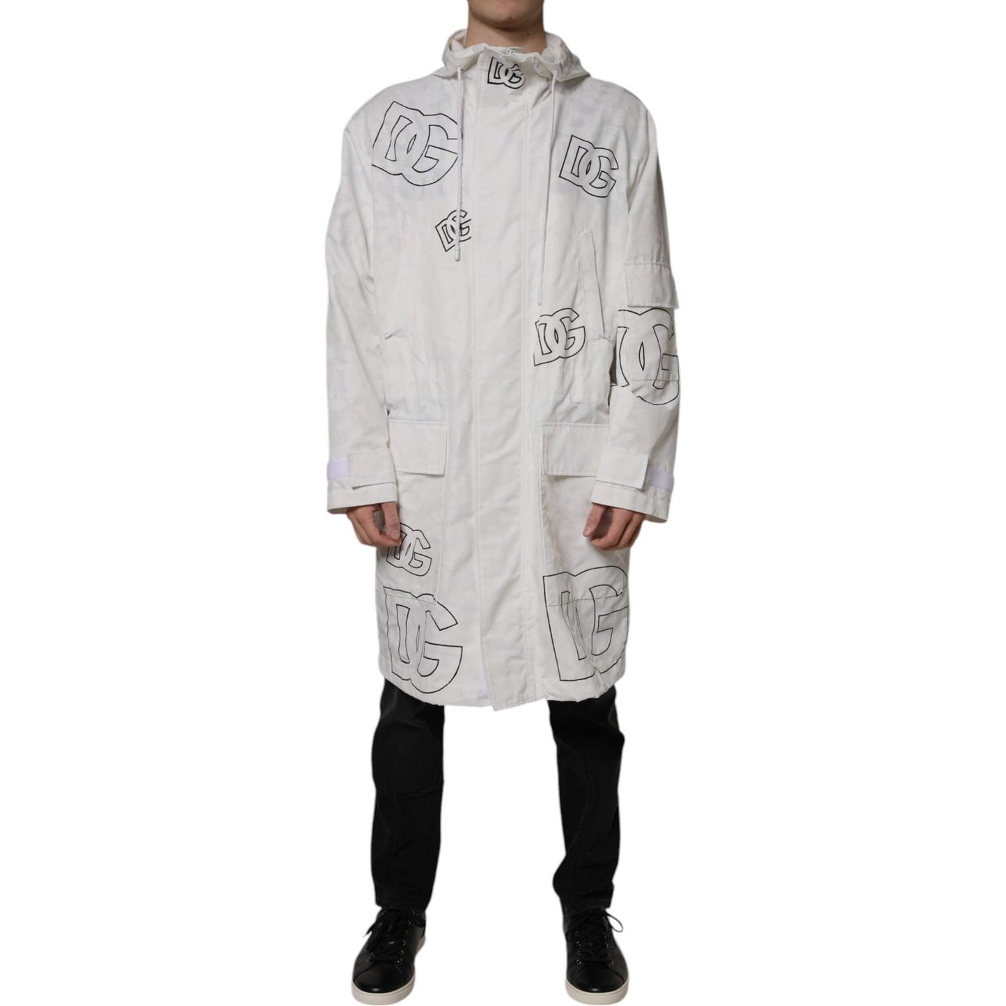 Dolce & Gabbana White Hooded Parka Polyester Trench Coat Jacket Dolce & Gabbana Gray