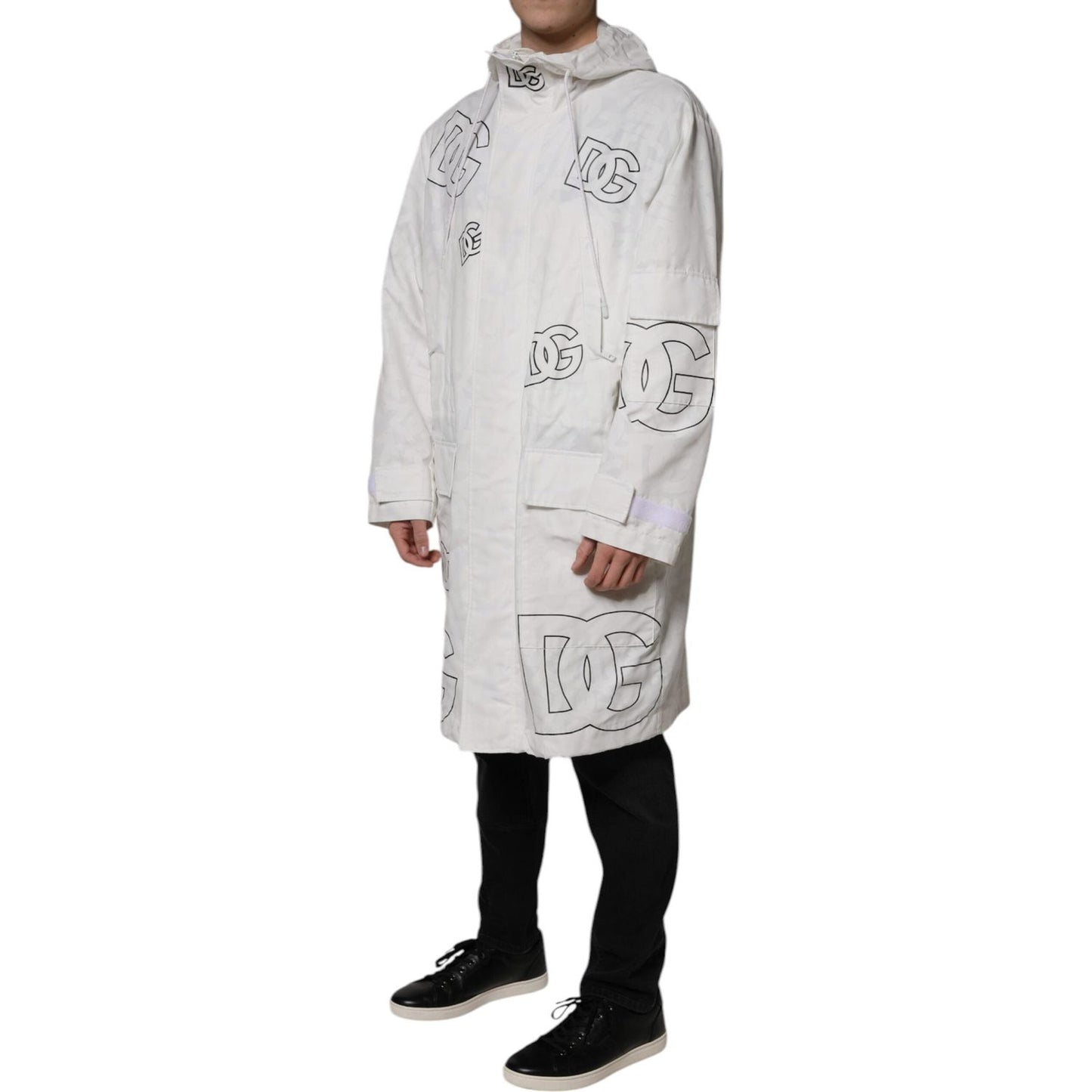Dolce & Gabbana White Hooded Parka Polyester Trench Coat Jacket Dolce & Gabbana Light Gray