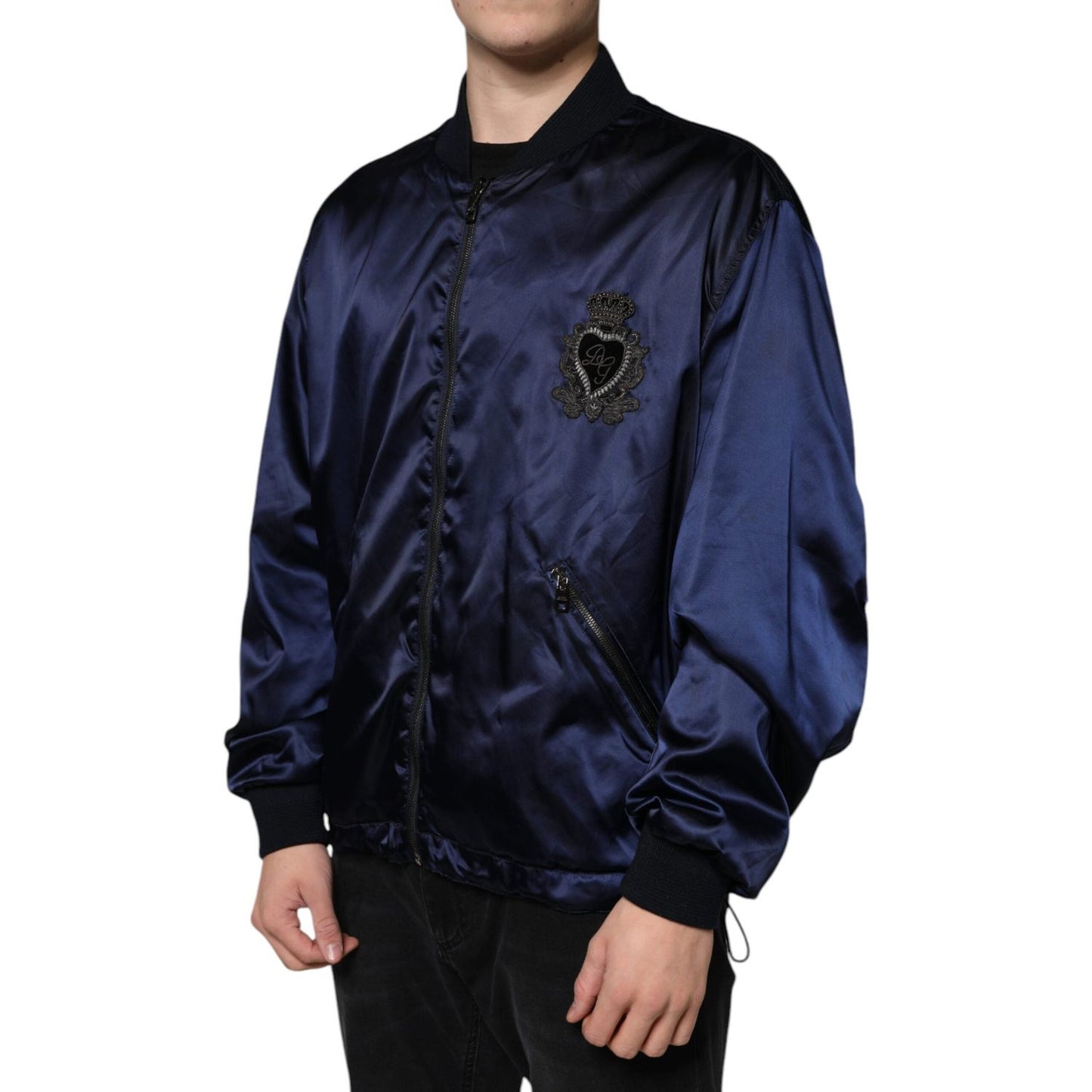 Dolce & Gabbana Blue Crown Heart Full Zip Men Bomber Jacket Dolce & Gabbana Black