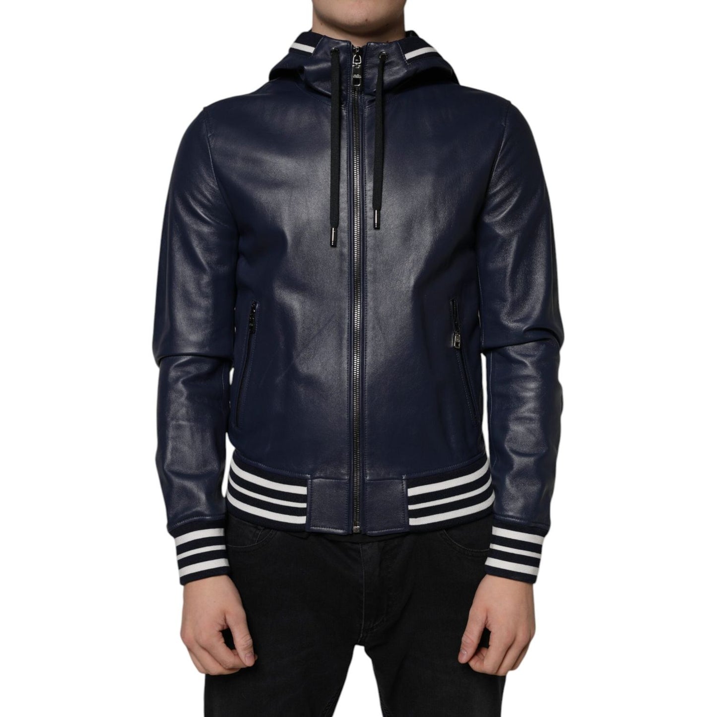 Dolce & Gabbana Blue Leather Full Zip Hooded Bomber Jacket Dolce & Gabbana Dark Slate Gray