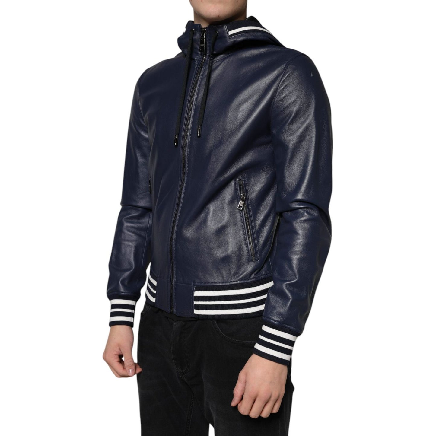Dolce & Gabbana Blue Leather Full Zip Hooded Bomber Jacket Dolce & Gabbana Dark Slate Gray