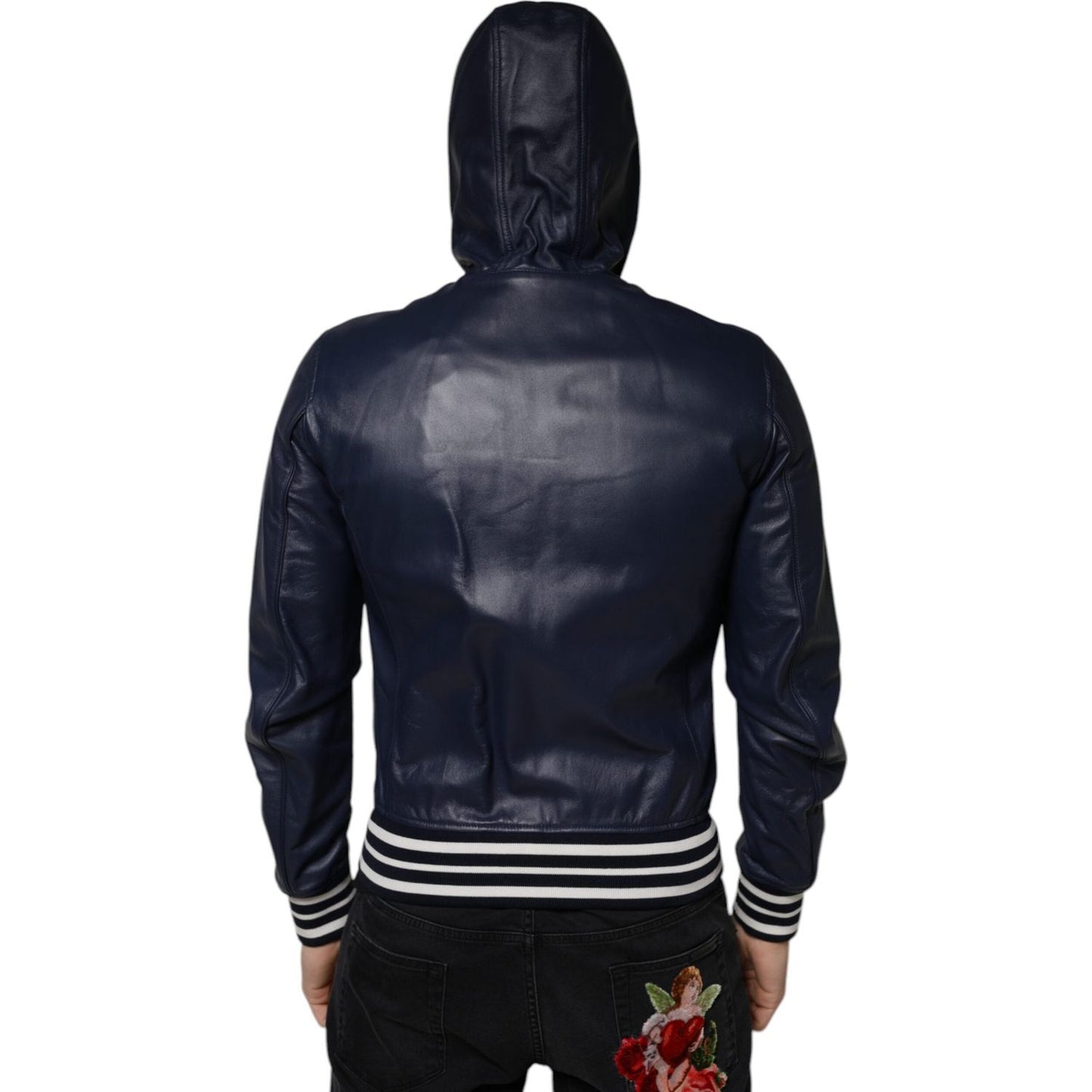 Dolce & Gabbana Blue Leather Full Zip Hooded Bomber Jacket Dolce & Gabbana Black