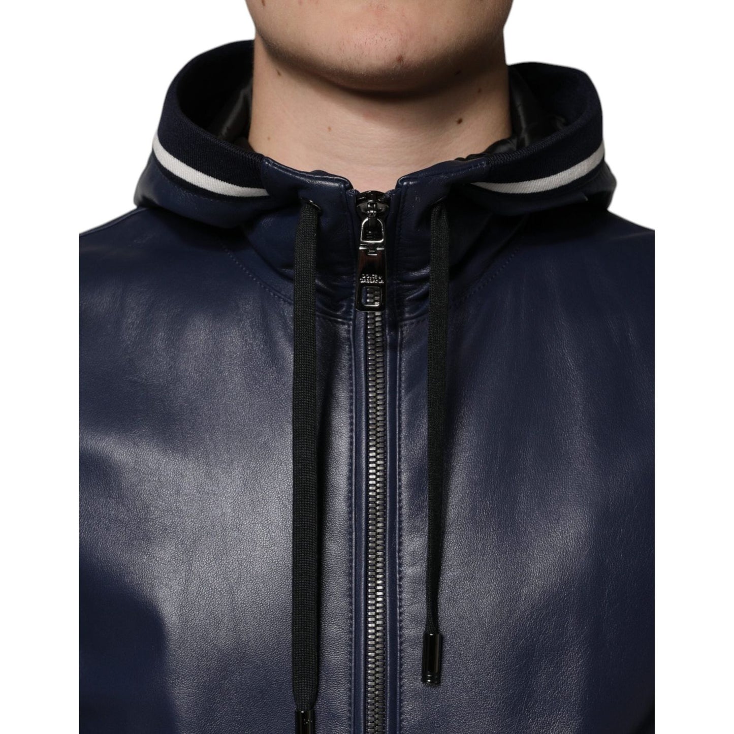 Dolce & Gabbana Blue Leather Full Zip Hooded Bomber Jacket Dolce & Gabbana Dark Slate Gray