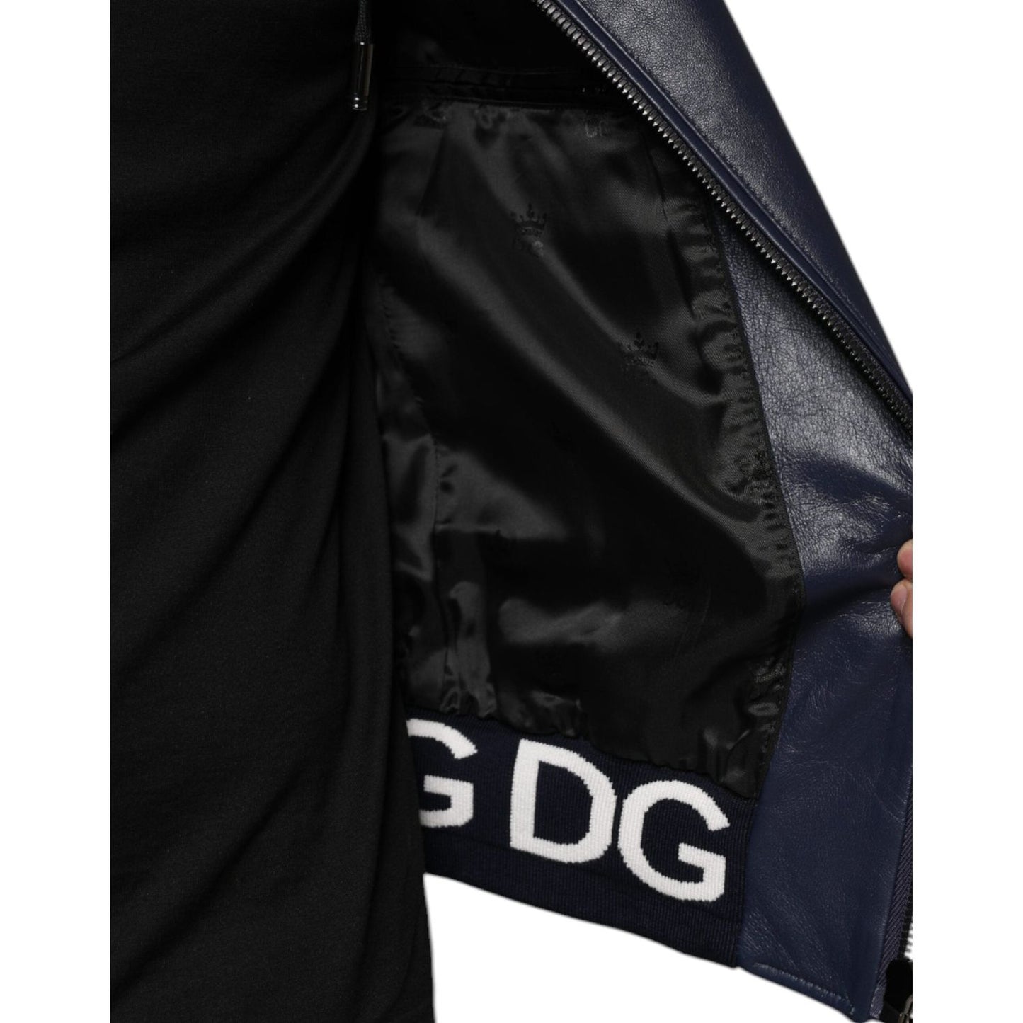 Dolce & Gabbana Blue Leather Full Zip Hooded Bomber Jacket Dolce & Gabbana Black