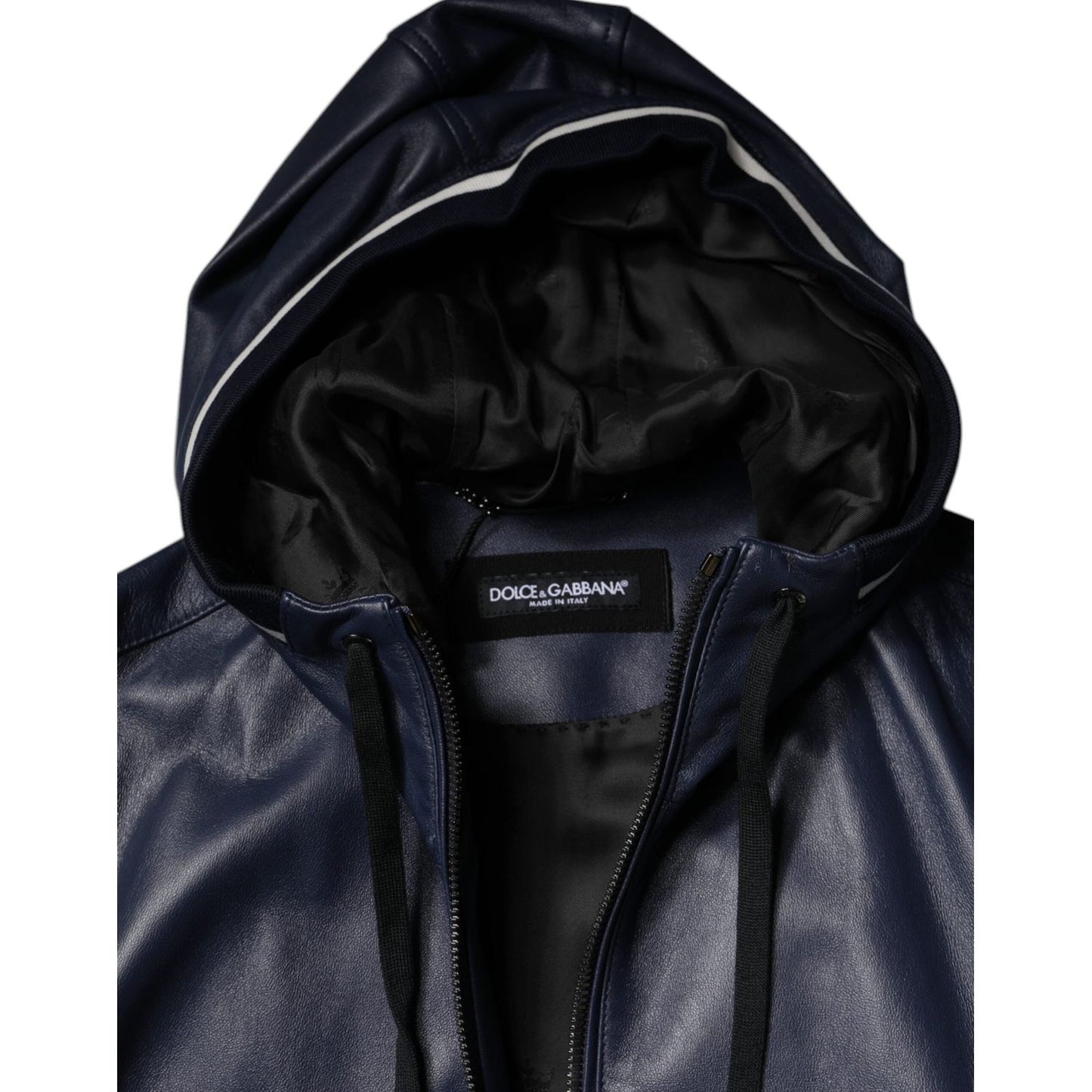 Dolce & Gabbana Blue Leather Full Zip Hooded Bomber Jacket Dolce & Gabbana Black