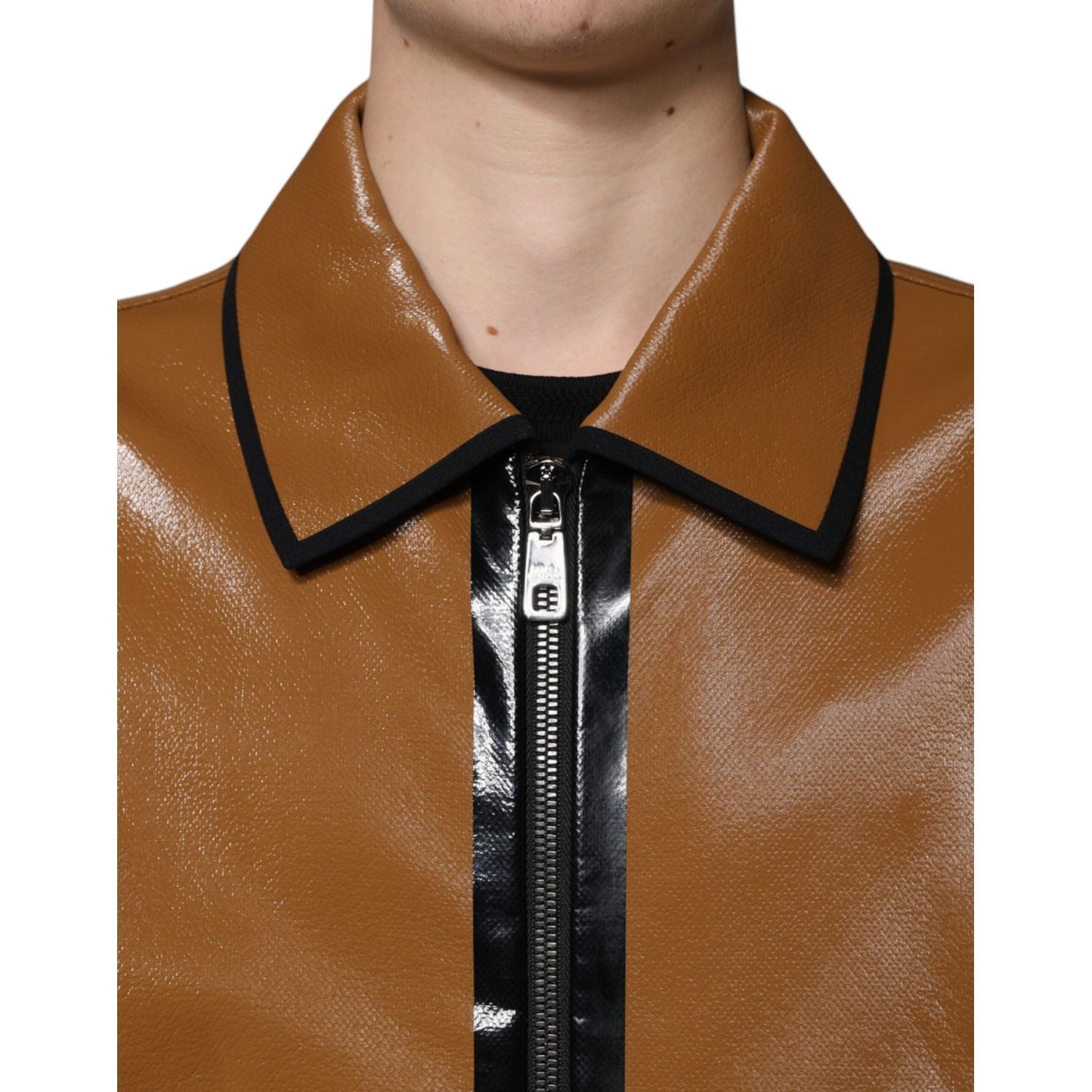Dolce & Gabbana Brown Leather Full Zip Men Bomber Jacket Dolce & Gabbana Sienna